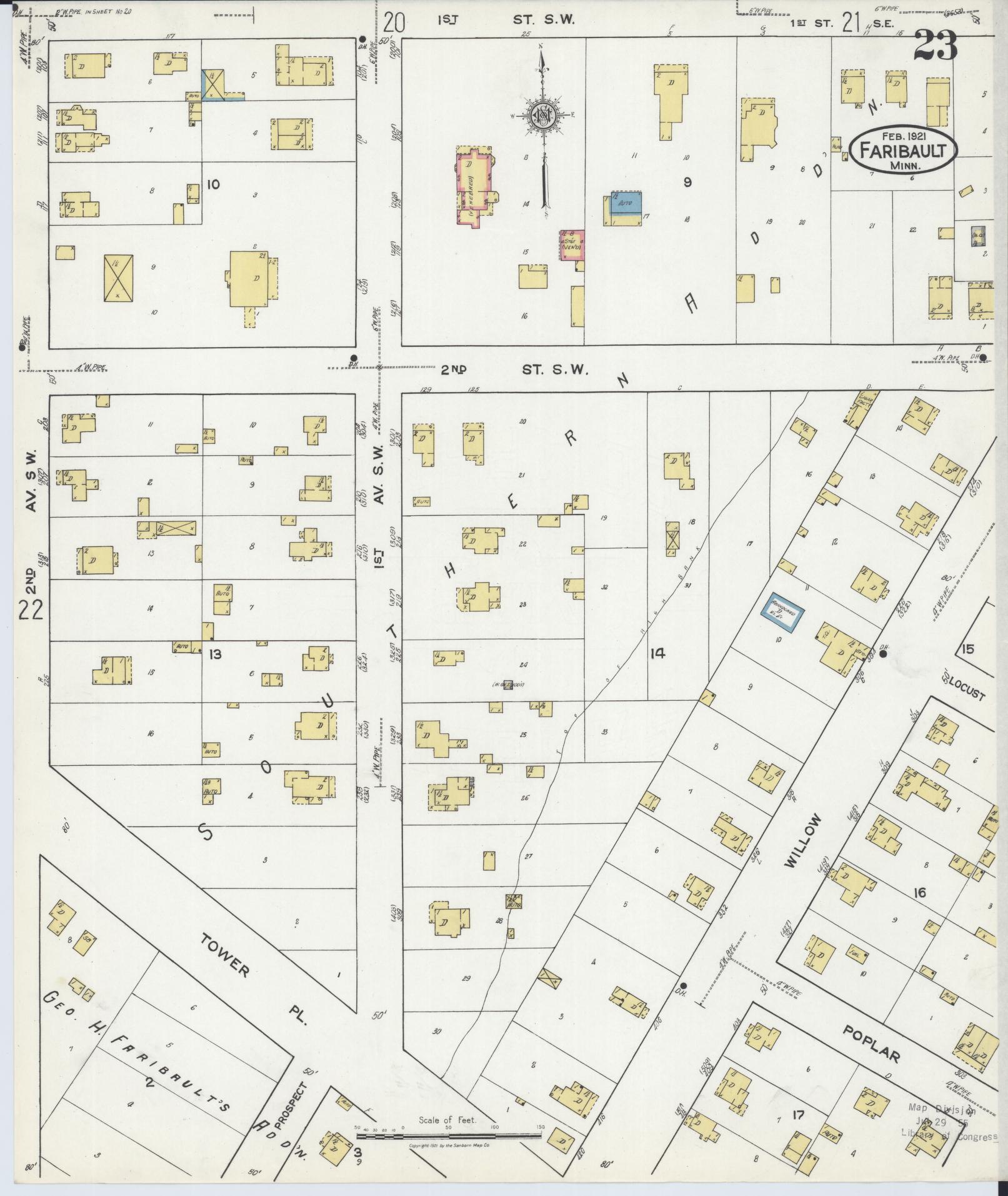 Sanborn Fire Insurance Map from Faribault, Rice County, Minnesota (1921), Sheet #0023 - Complete Map Set gallery image, historic Sanborn map, vintage wall art, Minnesota Minnesota