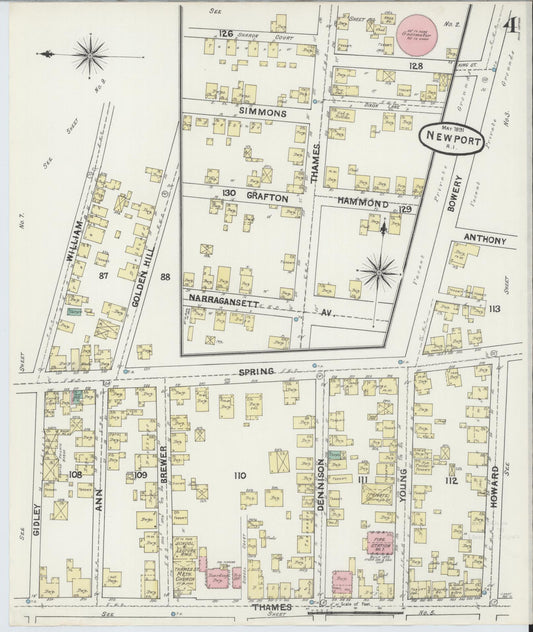 Sanborn Fire Insurance Map from Newport, Newport County, Rhode Island (1891), Sheet #0004 - Historic Sanborn Fire Insurance Map Print, vintage old map wall art, antique decor, genealogy gift, Rhode Island Rhode Island map