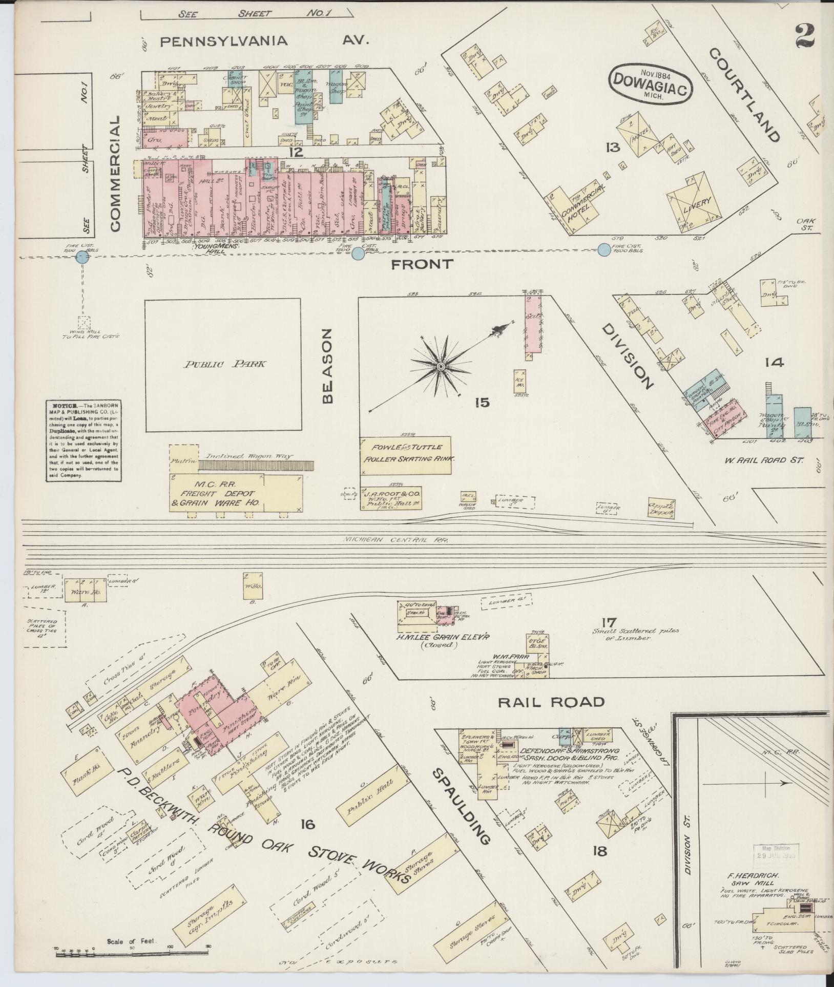 Sanborn Fire Insurance Map from Dowagiac, Cass County, Michigan (1884), Sheet #0002 - Historic Sanborn Fire Insurance Map Print, vintage old map wall art, antique decor, genealogy gift, Michigan Michigan map
