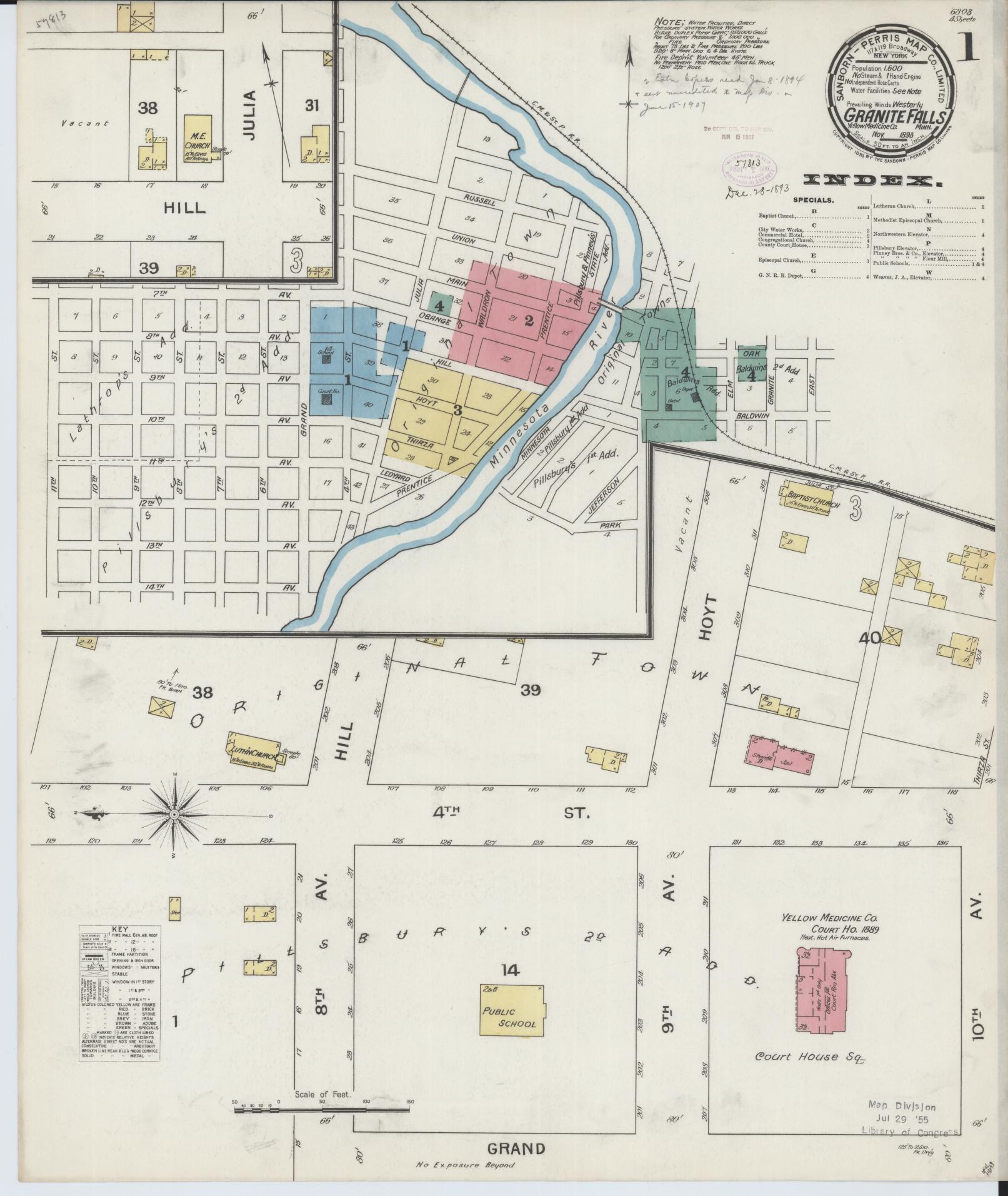 Sanborn Fire Insurance Map from Granite Falls, Yellow Medicine And Chippewa Counties, Minnesota (1893), Sheet #0001 - Historic Sanborn Fire Insurance Map Print, vintage old map wall art, antique decor, genealogy gift, Minnesota Minnesota map