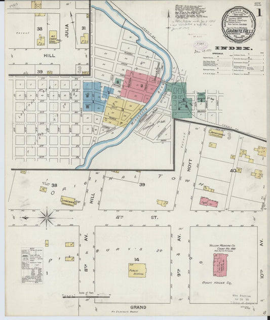 Sanborn Fire Insurance Map from Granite Falls, Yellow Medicine And Chippewa Counties, Minnesota (1893), Sheet #0001 - Historic Sanborn Fire Insurance Map Print, vintage old map wall art, antique decor, genealogy gift, Minnesota Minnesota map
