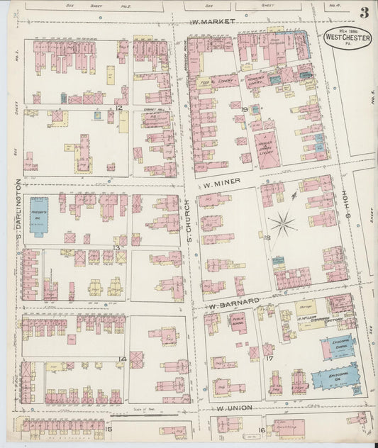 Sanborn Fire Insurance Map from West Chester, Chester County, Pennsylvania (1886), Sheet #0003 - Historic Sanborn Fire Insurance Map Print, vintage old map wall art, antique decor, genealogy gift, Pennsylvania Pennsylvania map