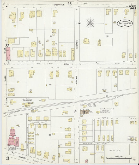 Sanborn Fire Insurance Map from Greensboro, Guilford County, North Carolina (1907), Sheet #0025 - Historic Sanborn Fire Insurance Map Print, vintage old map wall art, antique decor, genealogy gift, North Carolina North Carolina map