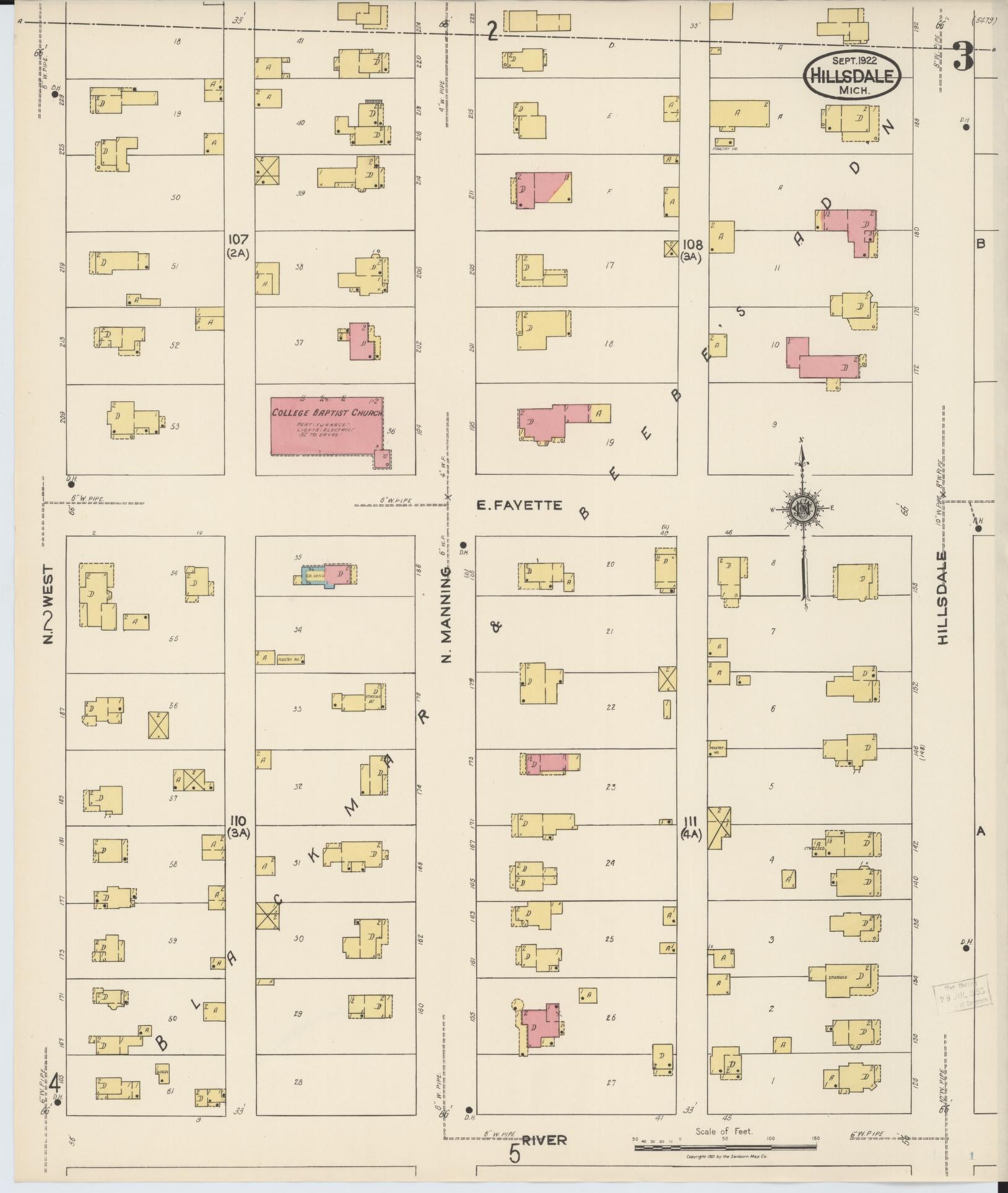 Sanborn Fire Insurance Map from Hillsdale, Hillsdale County, Michigan (1922), Sheet #0003 - Complete Map Set gallery image, historic Sanborn map, vintage wall art, Michigan Michigan