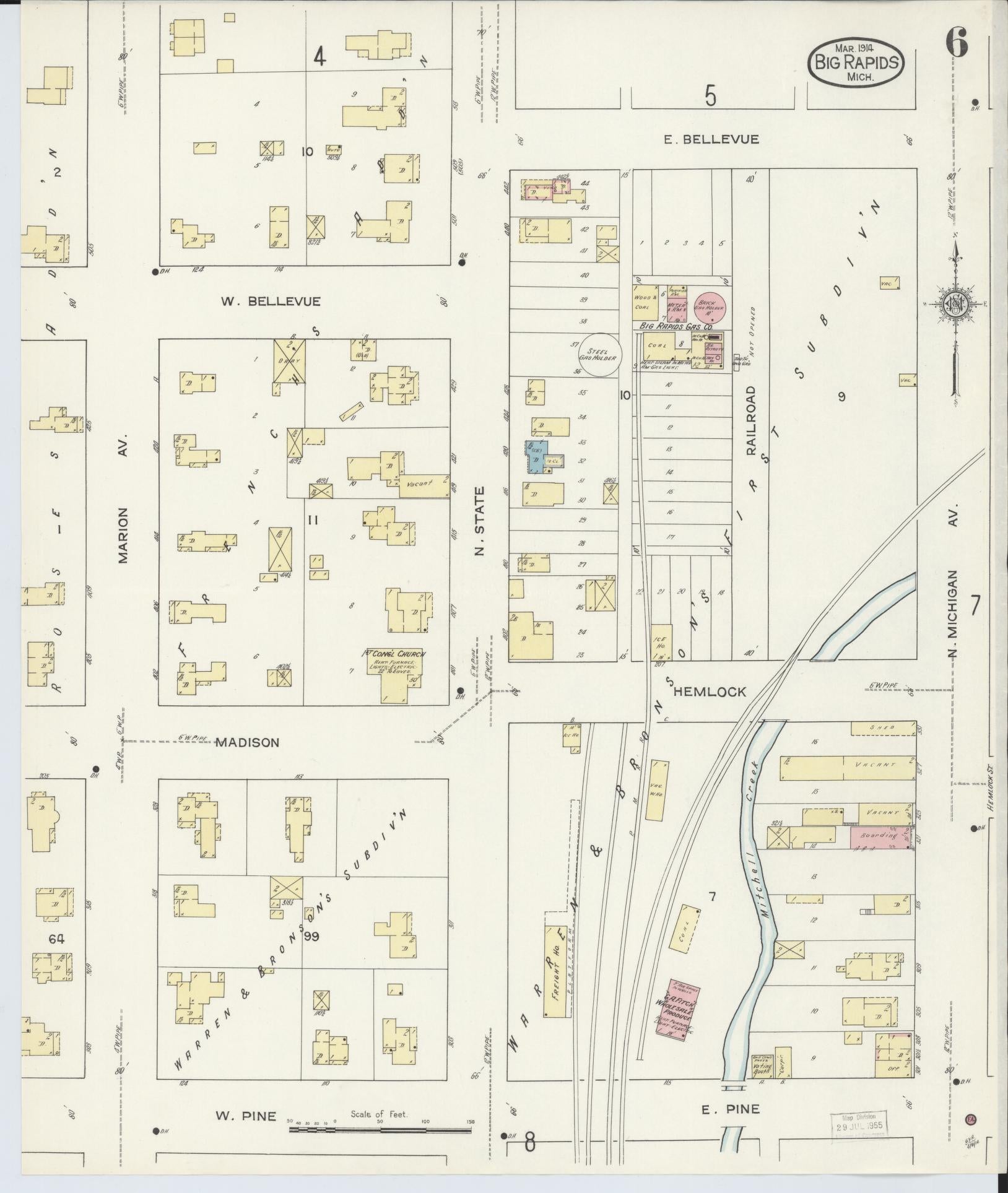 Sanborn Fire Insurance Map from Big Rapids, Mecosta County, Michigan (1914), Sheet #0006 - Complete Map Set gallery image, historic Sanborn map, vintage wall art, Michigan Michigan