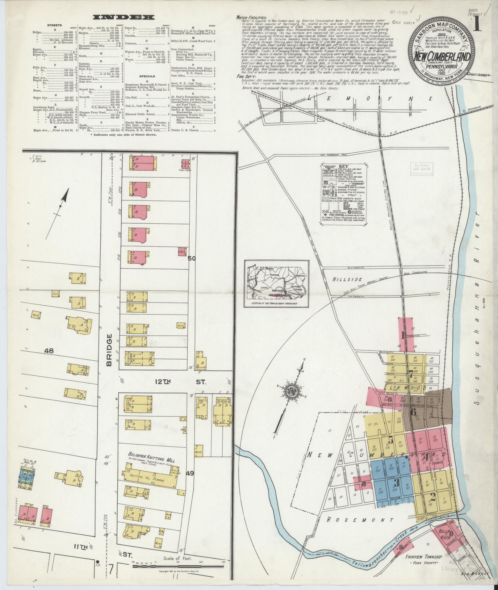 Sanborn Fire Insurance Map from New Cumberland, Cumberland County, Pennsylvania (1921), Sheet #0001 - Complete Map Set gallery image, historic Sanborn map, vintage wall art, Pennsylvania Pennsylvania