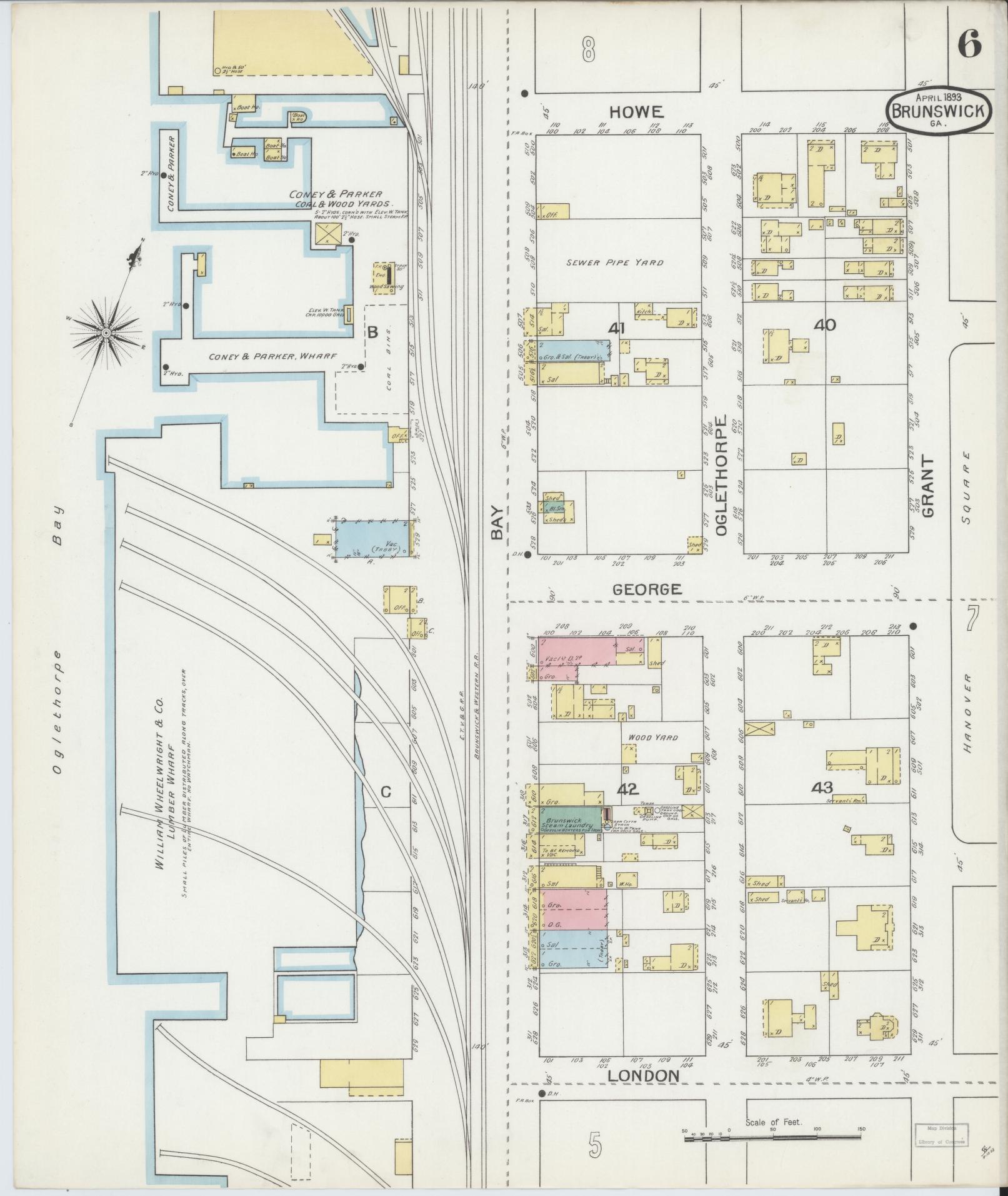 Sanborn Fire Insurance Map from Brunswick, Glynn County, Georgia (1893), Sheet #0006 - Complete Map Set gallery image, historic Sanborn map, vintage wall art, Georgia Georgia