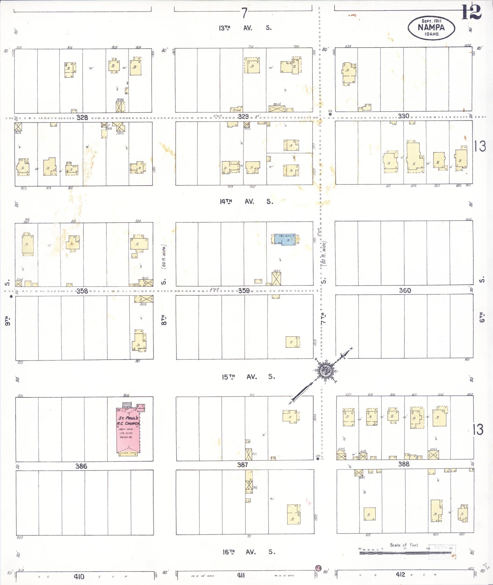 Sanborn Fire Insurance Map from Nampa, Canyon County, Idaho (1911), Sheet #0012 - Complete Map Set gallery image, historic Sanborn map, vintage wall art, Idaho Idaho