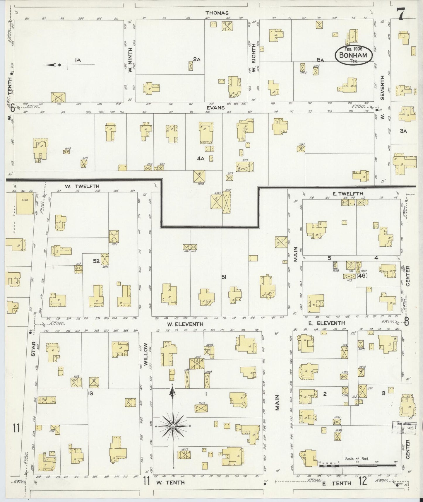Sanborn Fire Insurance Map from Bonham, Fannin County, Texas (1909), Sheet #0007 - Historic Sanborn Fire Insurance Map Print, vintage old map wall art, antique decor, genealogy gift, Texas Texas map