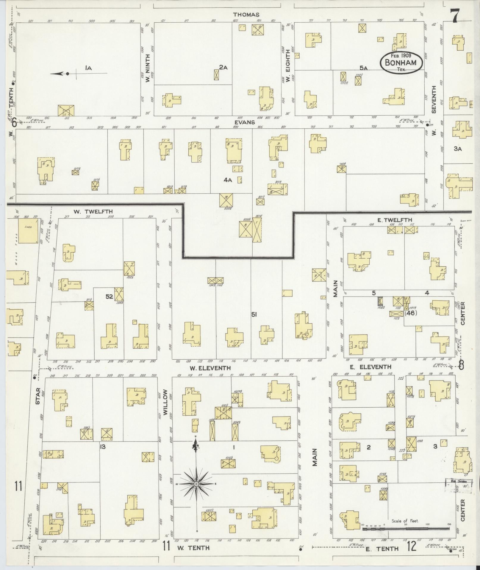 Sanborn Fire Insurance Map from Bonham, Fannin County, Texas (1909), Sheet #0007 - Historic Sanborn Fire Insurance Map Print, vintage old map wall art, antique decor, genealogy gift, Texas Texas map