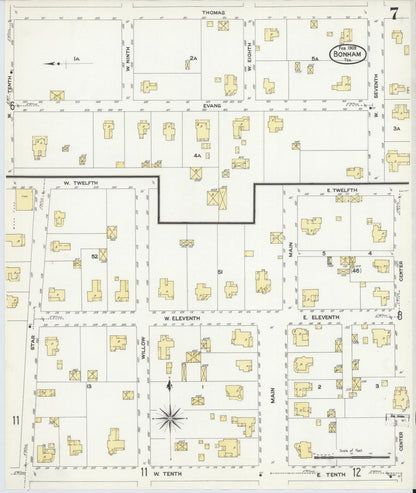 Sanborn Fire Insurance Map from Bonham, Fannin County, Texas (1909), Sheet #0007 - Historic Sanborn Fire Insurance Map Print, vintage old map wall art, antique decor, genealogy gift, Texas Texas map