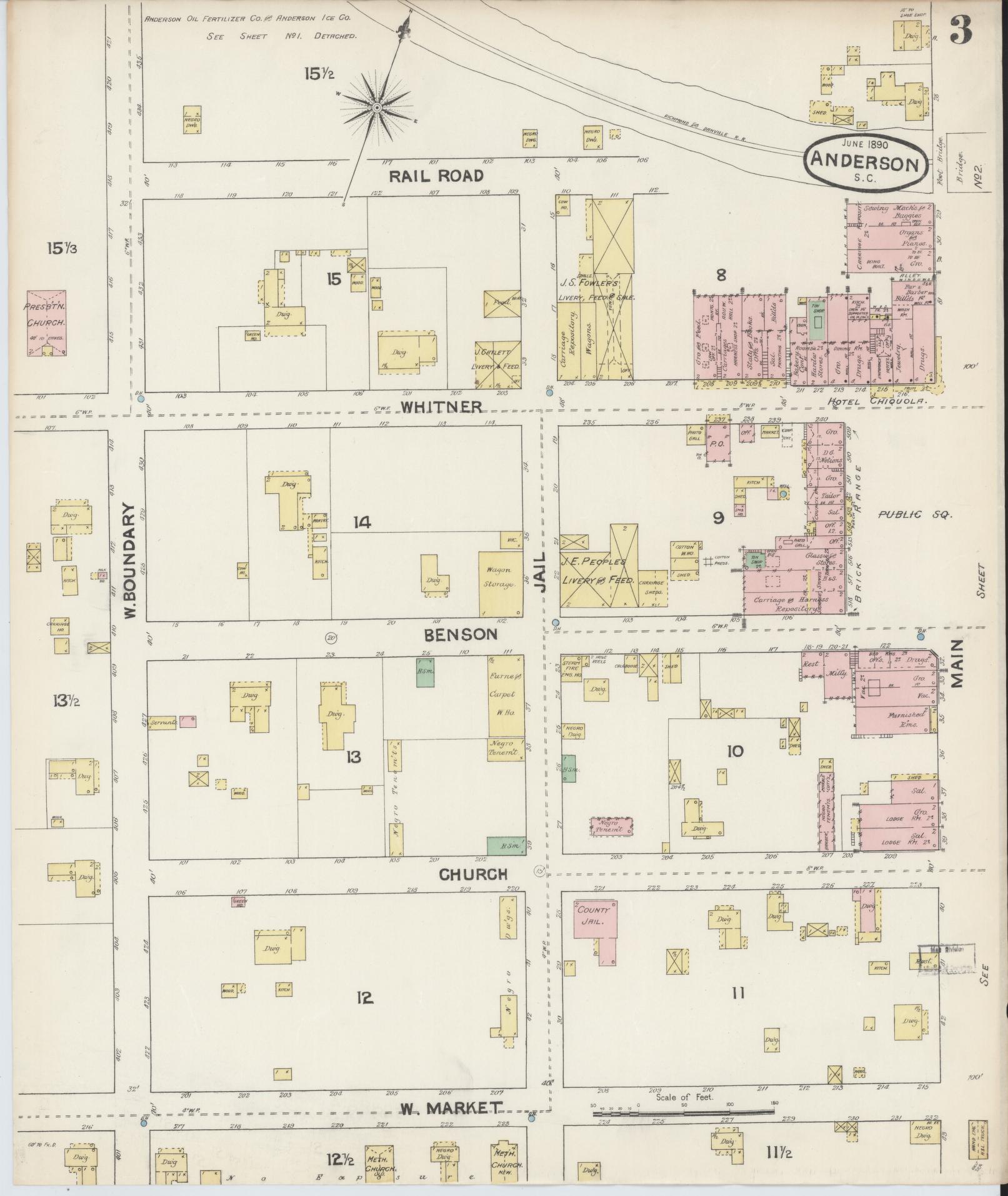 Sanborn Fire Insurance Map from Anderson, Anderson County, South Carolina (1890), Sheet #0003 - Complete Map Set gallery image, historic Sanborn map, vintage wall art, South Carolina South Carolina