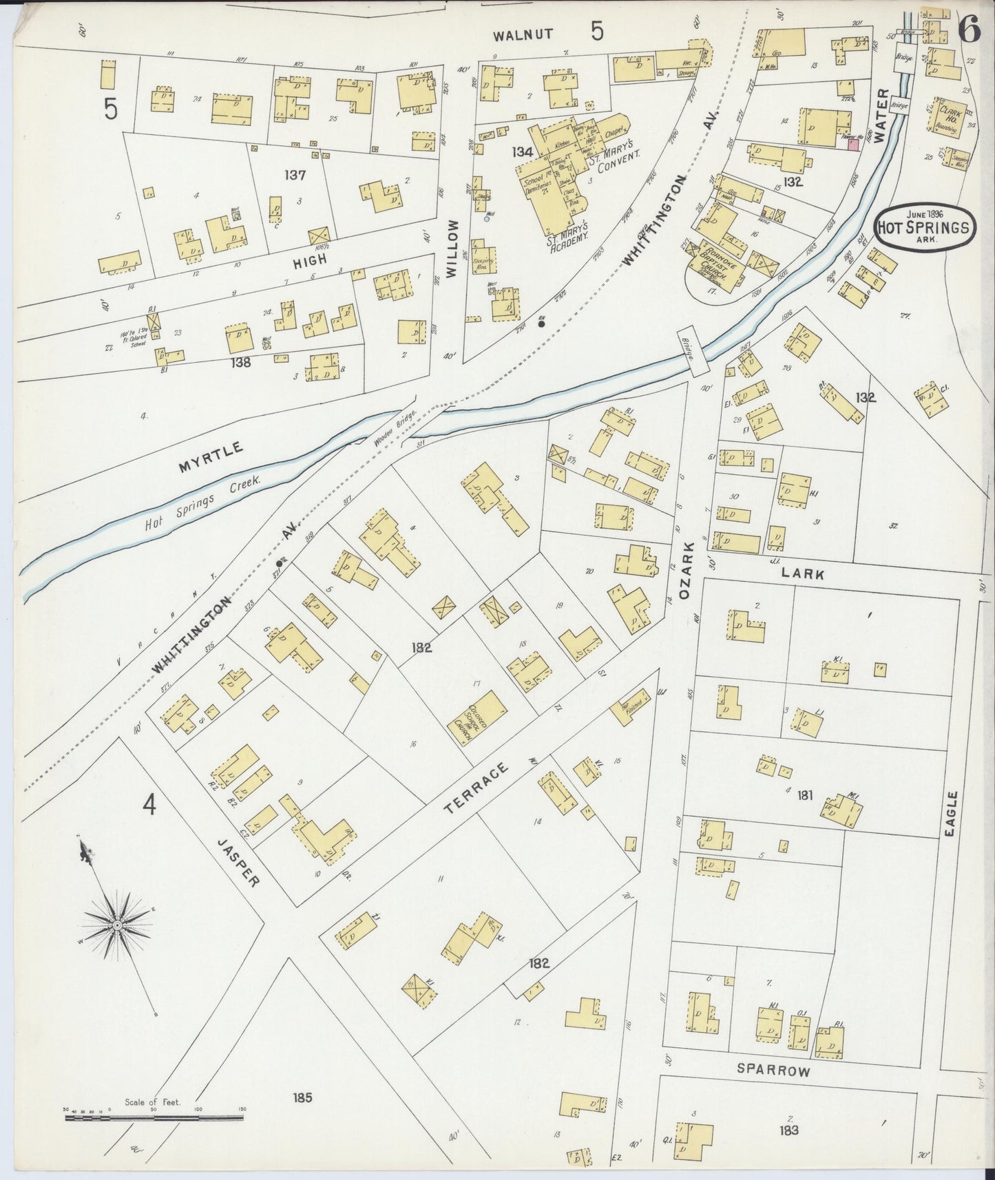 Sanborn Fire Insurance Map from Hot Springs, Garland County, Arkansas (1896), Sheet #0006 - Historic Sanborn Fire Insurance Map Print, vintage old map wall art, antique decor, genealogy gift, Arkansas Arkansas map