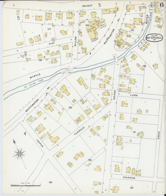 Sanborn Fire Insurance Map from Hot Springs, Garland County, Arkansas (1896), Sheet #0006 - Historic Sanborn Fire Insurance Map Print, vintage old map wall art, antique decor, genealogy gift, Arkansas Arkansas map