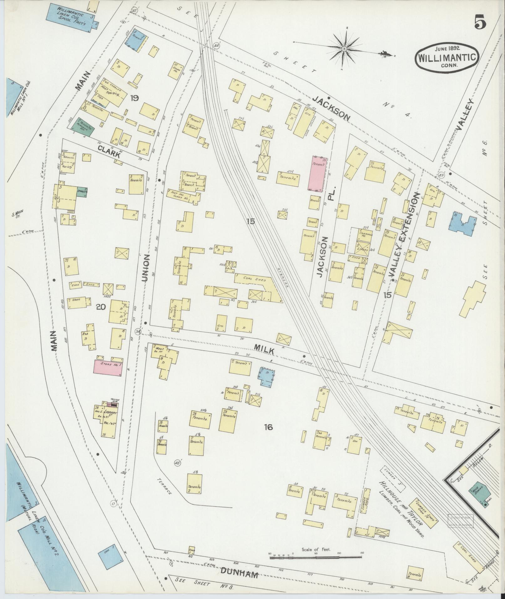 Sanborn Fire Insurance Map from Willimantic, Windham County, Connecticut (1892), Sheet #0005 - Historic Sanborn Fire Insurance Map Print, vintage old map wall art, antique decor, genealogy gift, Connecticut Connecticut map