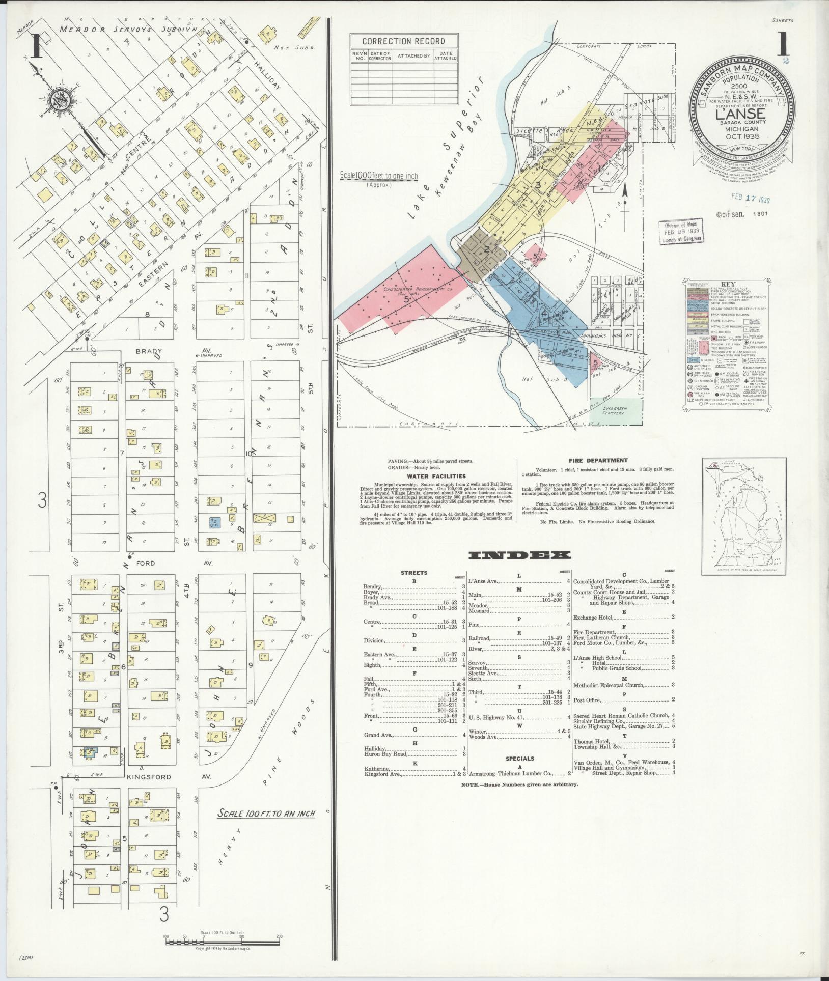 Sanborn Fire Insurance Map from L'Anse, Baraga County, Michigan (1938), Sheet #0001 - Complete Map Set gallery image, historic Sanborn map, vintage wall art, Michigan Michigan