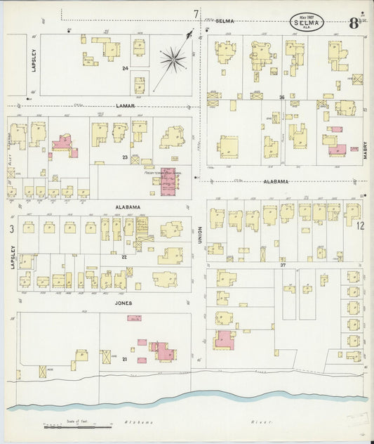 Sanborn Fire Insurance Map from Selma, Dallas County, Alabama (1907), Sheet #0008 - Historic Sanborn Fire Insurance Map Print, vintage old map wall art, antique decor, genealogy gift, Alabama Alabama map