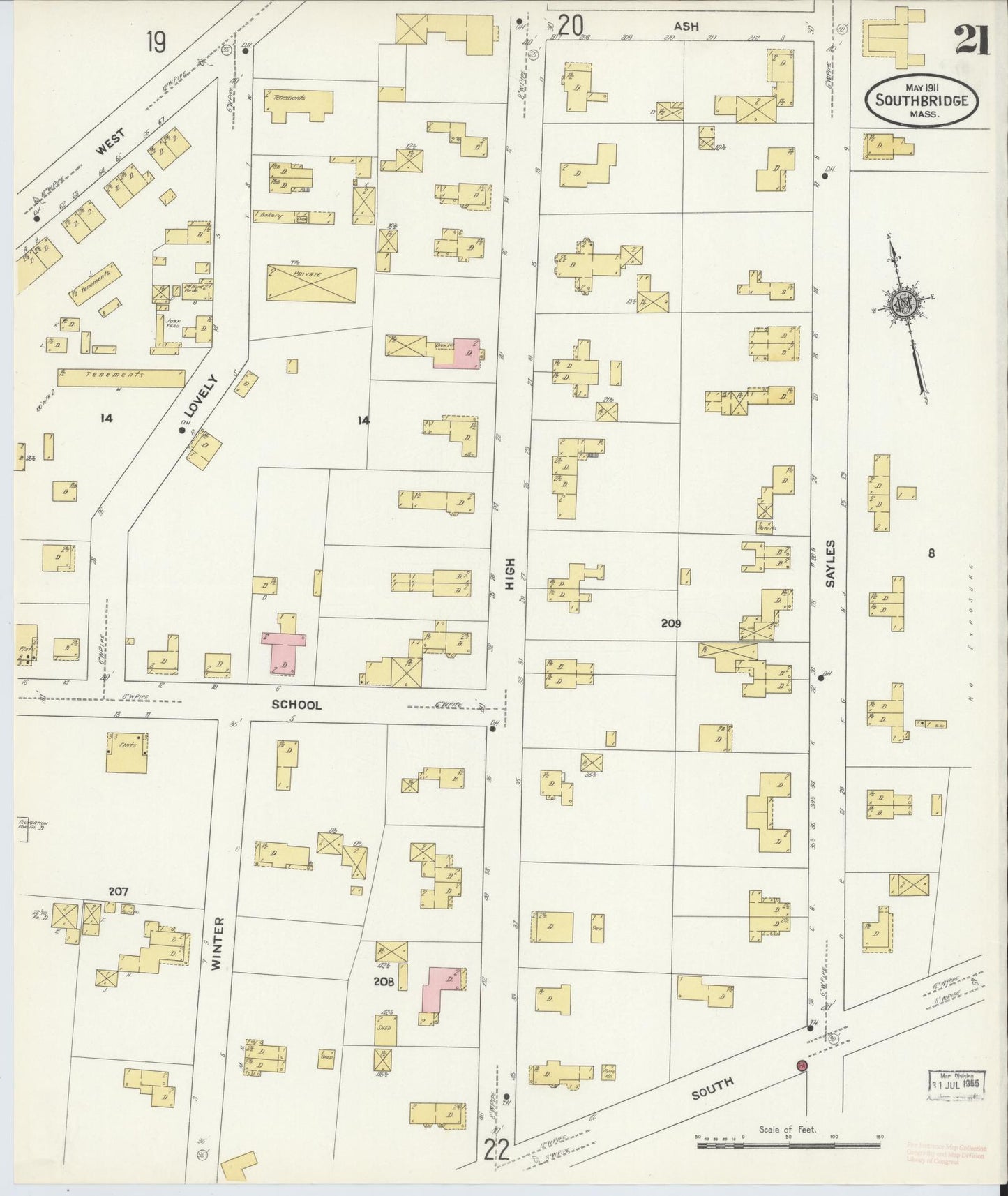 Sanborn Fire Insurance Map from Southbridge, Worcester County, Massachusetts (1911), Sheet #0021 - Historic Sanborn Fire Insurance Map Print, vintage old map wall art, antique decor, genealogy gift, Massachusetts Massachusetts map