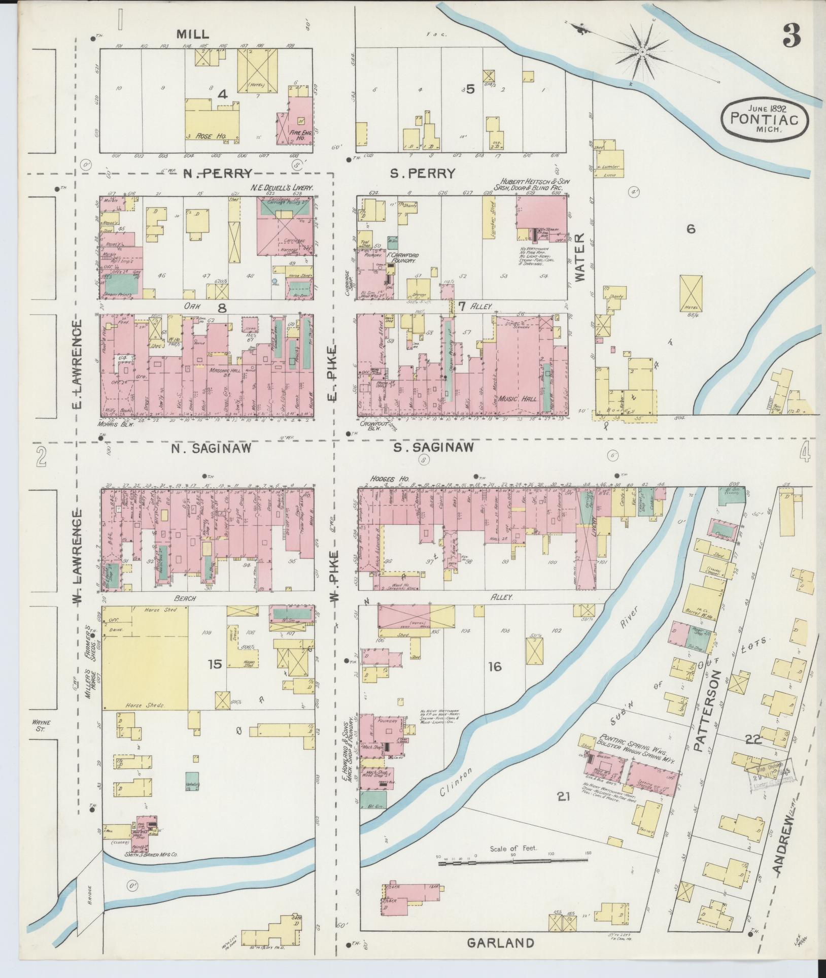 Sanborn Fire Insurance Map from Pontiac, Oakland County, Michigan (1892), Sheet #0003 - Complete Map Set gallery image, historic Sanborn map, vintage wall art, Michigan Michigan
