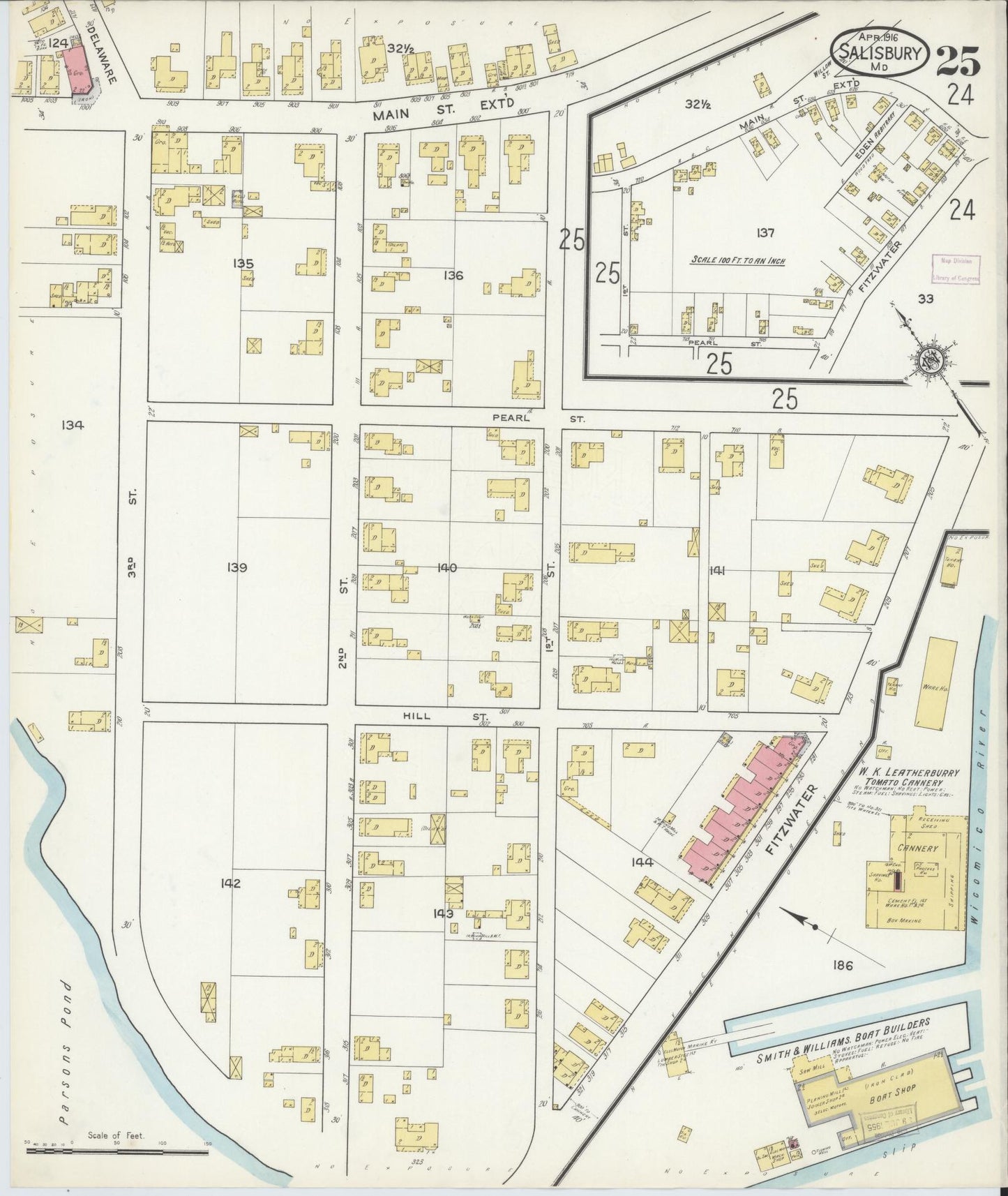 Sanborn Fire Insurance Map from Salisbury, Wicomico County, Maryland (1916), Sheet #0025 - Historic Sanborn Fire Insurance Map Print, vintage old map wall art