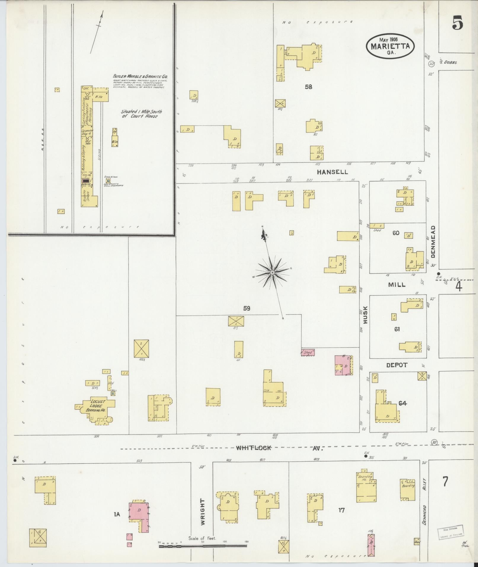 Sanborn Fire Insurance Map from Marietta, Cobb County, Georgia (1905), Sheet #0005 - Historic Sanborn Fire Insurance Map Print, vintage old map wall art, antique decor, genealogy gift, Georgia Georgia map