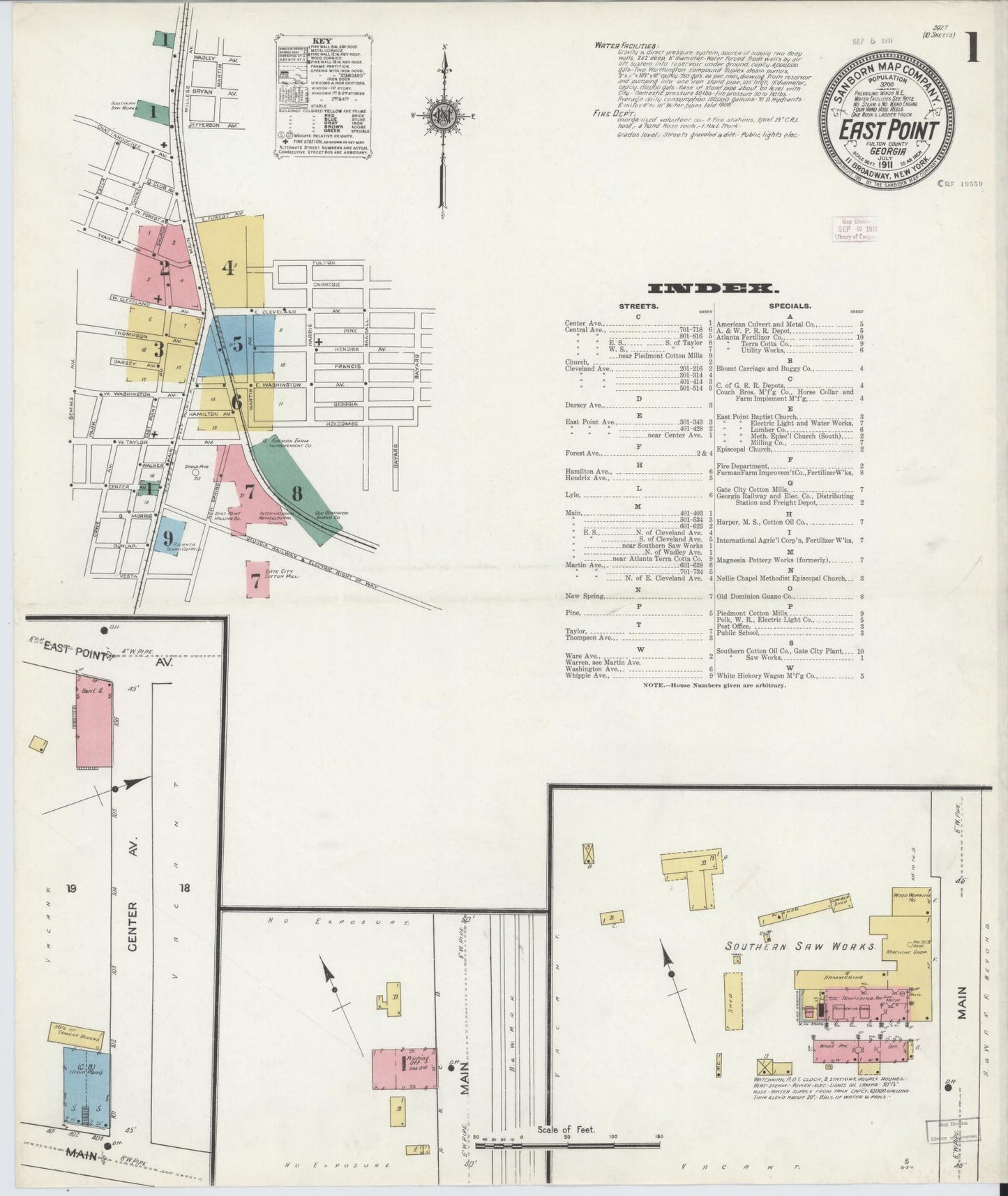 Sanborn Fire Insurance Map from East Point, Fulton County, Georgia (1911), Sheet #0001 - Historic Sanborn Fire Insurance Map Print, vintage old map wall art, antique decor, genealogy gift, Georgia Georgia map