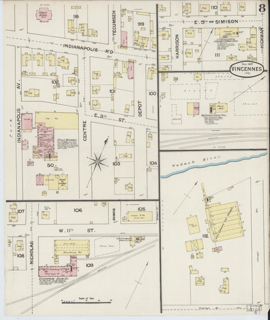 Sanborn Fire Insurance Map from Vincennes, Knox County, Indiana (1887), Sheet #0008 - Historic Sanborn Fire Insurance Map Print, vintage old map wall art, antique decor, genealogy gift, Indiana Indiana map