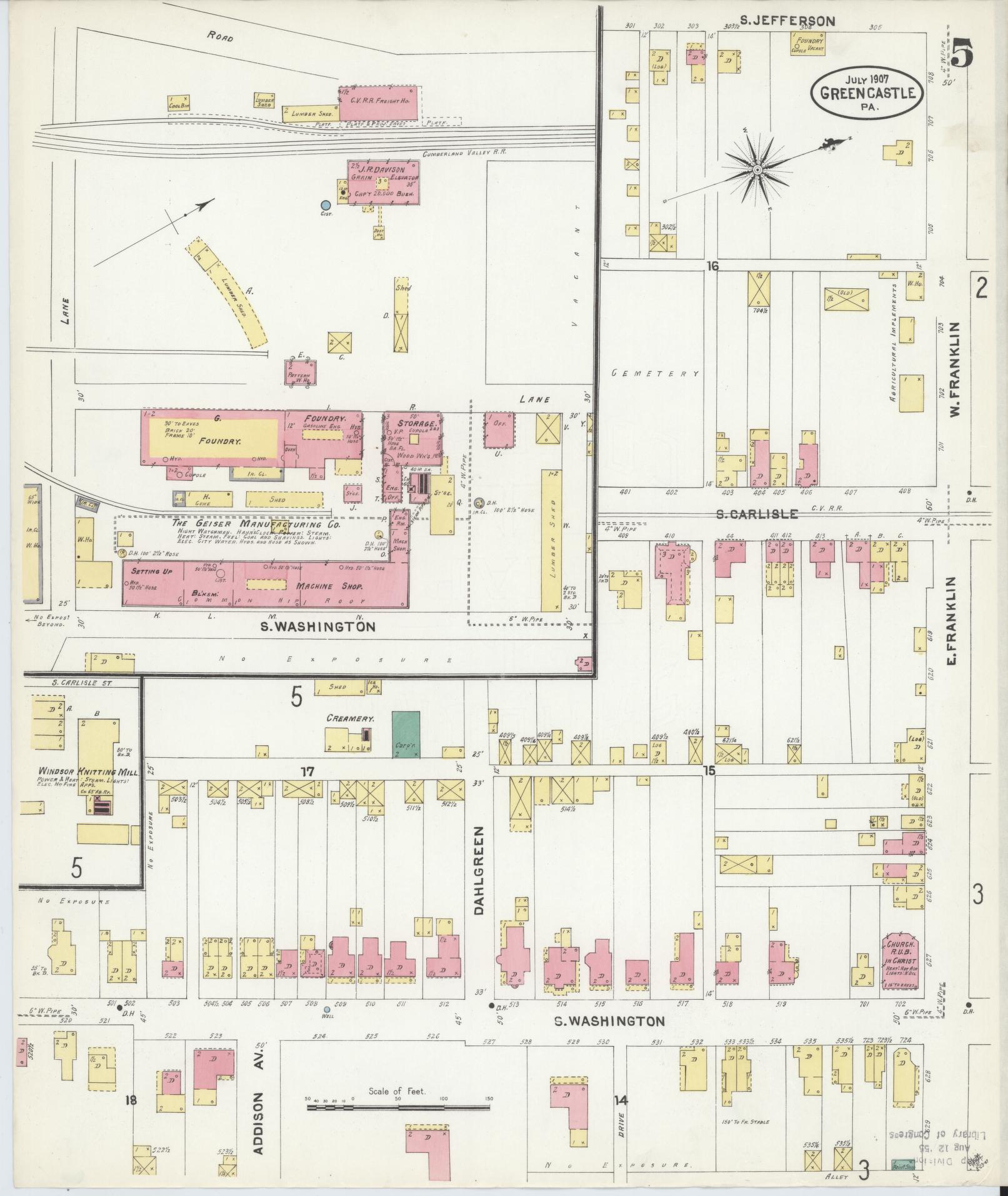 Sanborn Fire Insurance Map from Greencastle, Franklin County, Pennsylvania (1907), Sheet #0005 - Historic Sanborn Fire Insurance Map Print, vintage old map wall art, antique decor, genealogy gift, Pennsylvania Pennsylvania map