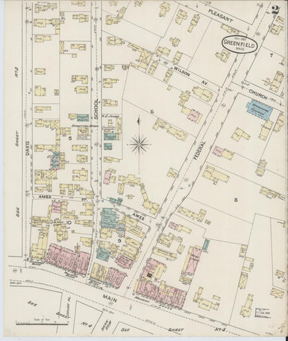 Sanborn Fire Insurance Map from Greenfield, Franklin County, Massachusetts (1887), Sheet #0002 - Historic Sanborn Fire Insurance Map Print, vintage old map wall art, antique decor, genealogy gift, Massachusetts Massachusetts map