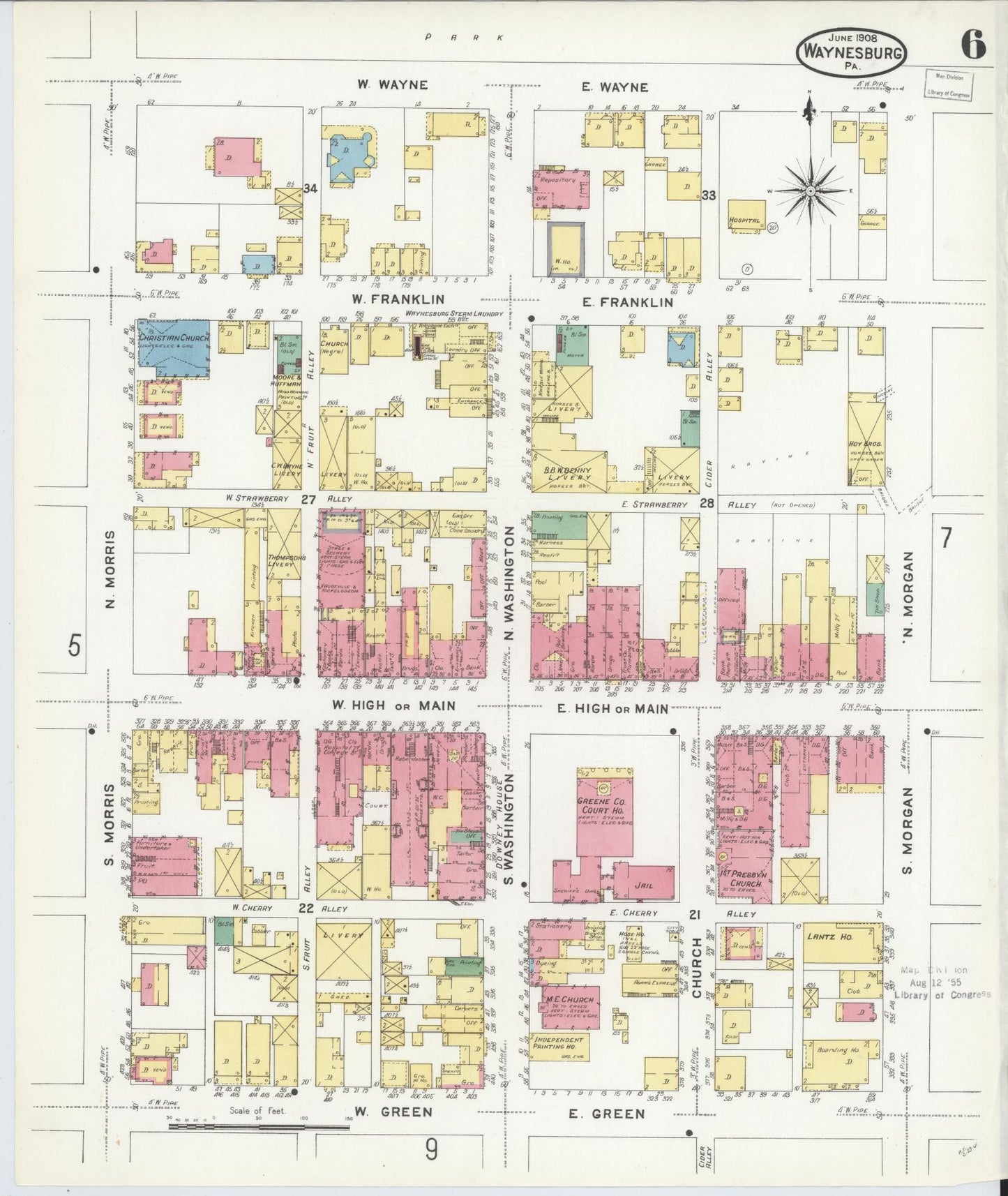 Sanborn Fire Insurance Map from Waynesburg, Greene County, Pennsylvania (1908), Sheet #0006 - Complete Map Set gallery image, historic Sanborn map, vintage wall art, Pennsylvania Pennsylvania