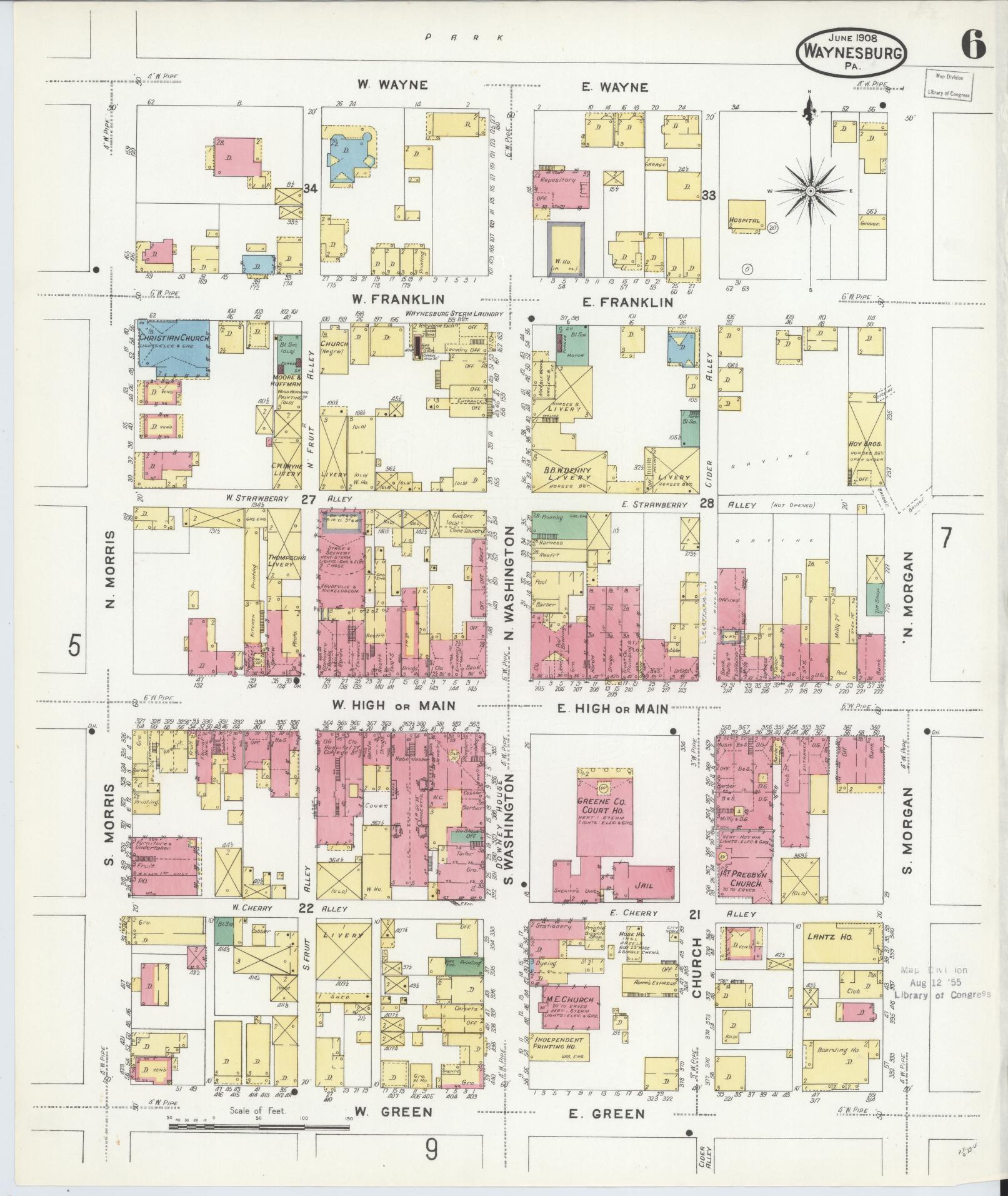 Sanborn Fire Insurance Map from Waynesburg, Greene County, Pennsylvania (1908), Sheet #0006 - Complete Map Set gallery image, historic Sanborn map, vintage wall art, Pennsylvania Pennsylvania