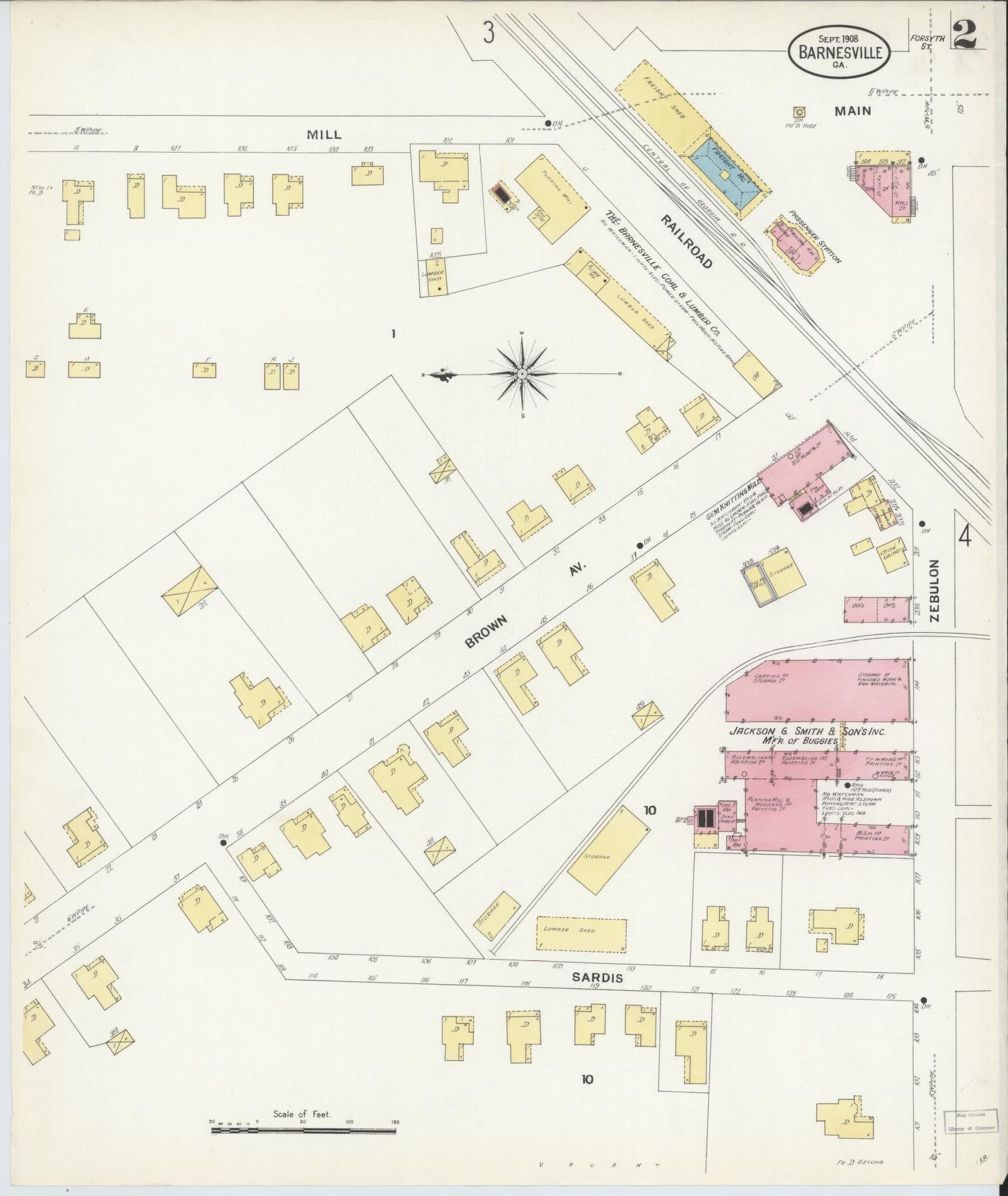 Sanborn Fire Insurance Map from Barnesville, Lamar County, Georgia (1908), Sheet #0002 - Historic Sanborn Fire Insurance Map Print, vintage old map wall art, antique decor, genealogy gift, Georgia Georgia map