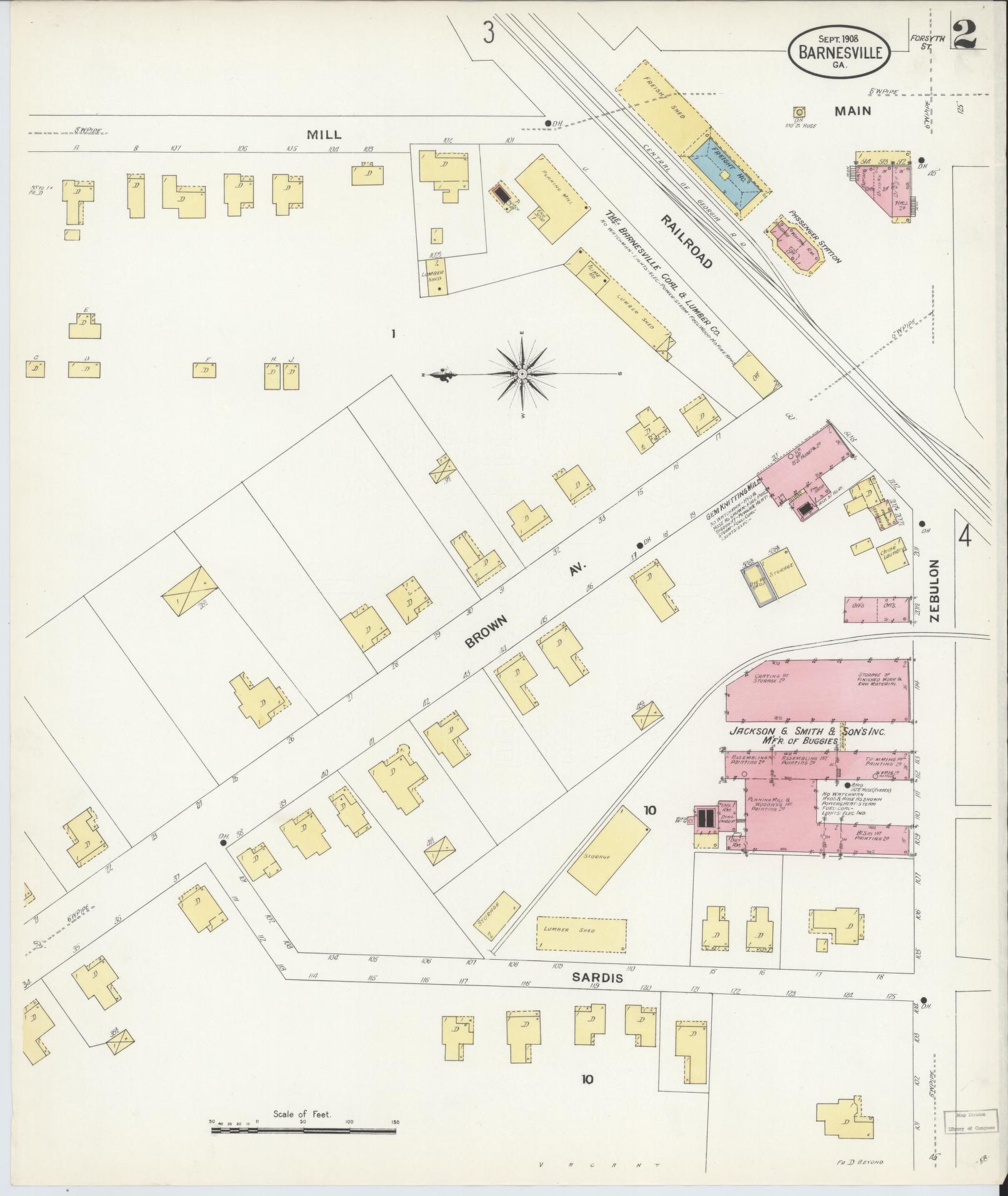 Sanborn Fire Insurance Map from Barnesville, Lamar County, Georgia (1908), Sheet #0002 - Historic Sanborn Fire Insurance Map Print, vintage old map wall art, antique decor, genealogy gift, Georgia Georgia map