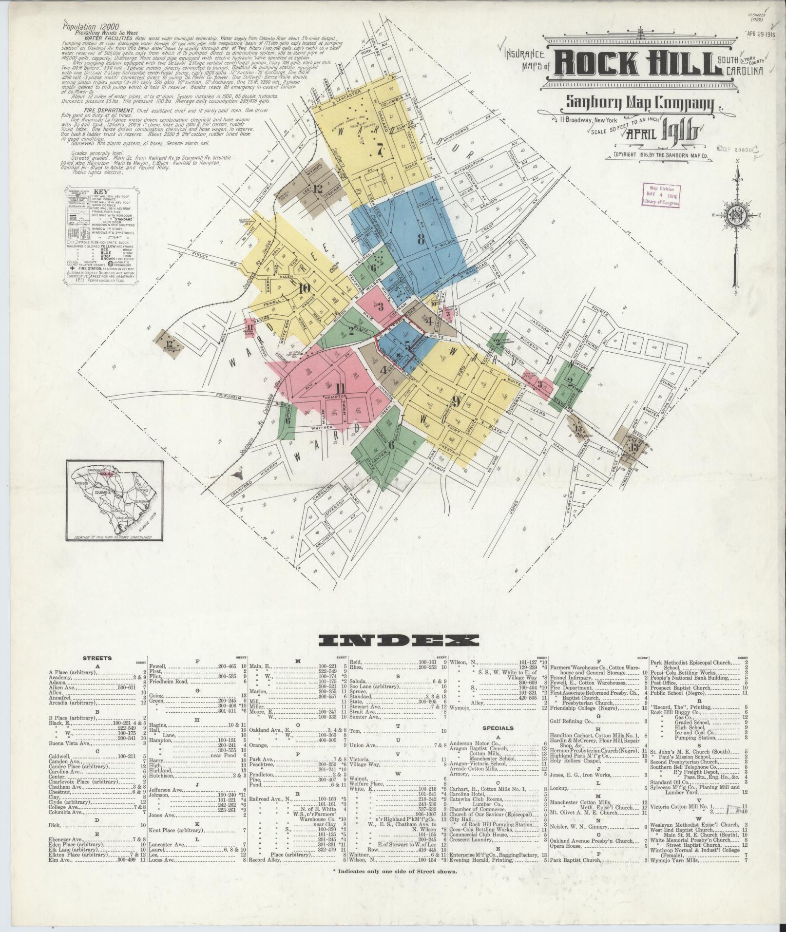 Sanborn Fire Insurance Map from Rock Hill, York County, South Carolina (1916), Sheet #0001 - Complete Map Set gallery image, historic Sanborn map, vintage wall art, South Carolina South Carolina