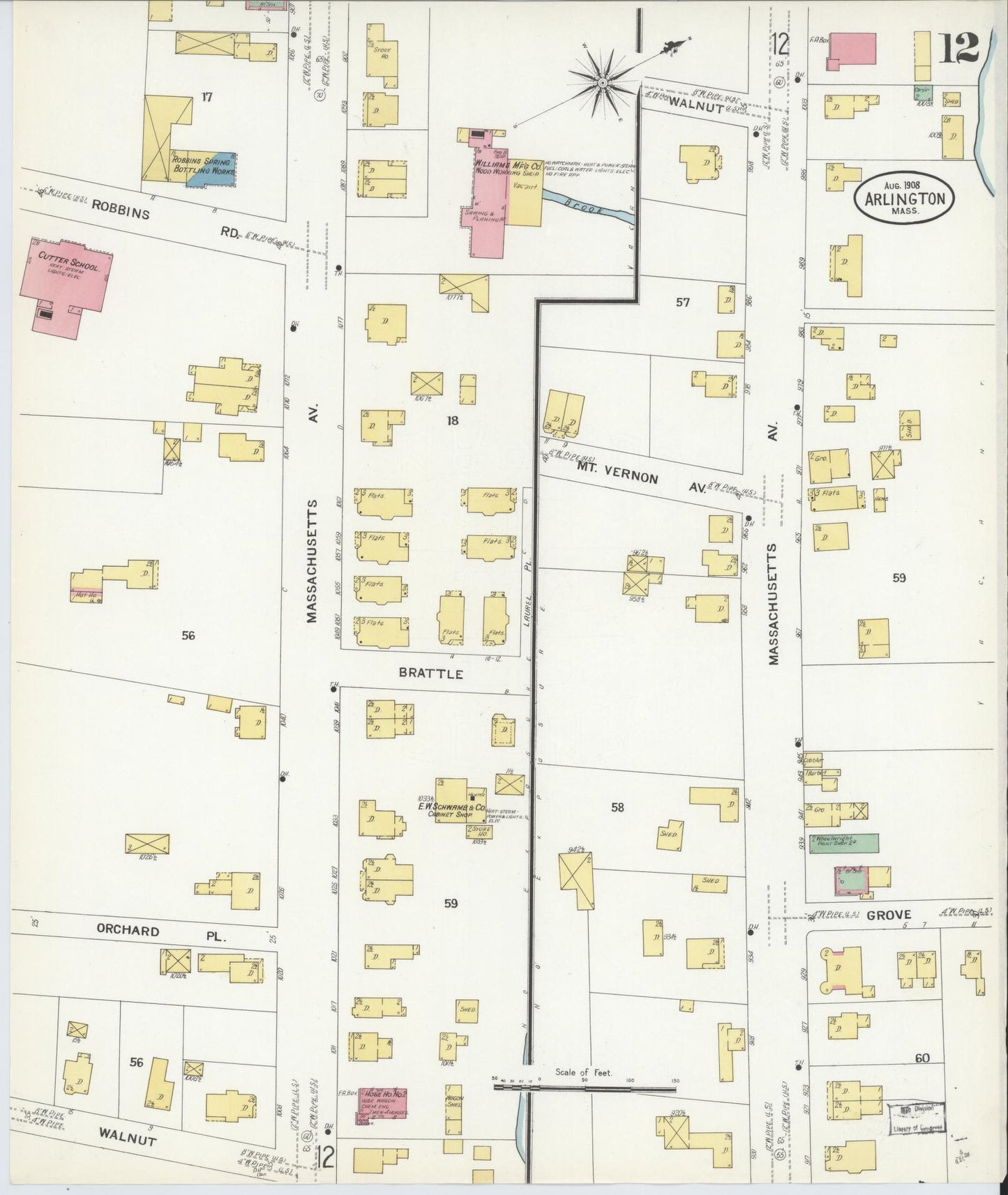 Sanborn Fire Insurance Map from Arlington, Middlesex County, Massachusetts (1908), Sheet #0012 - Complete Map Set gallery image, historic Sanborn map, vintage wall art, Massachusetts Massachusetts