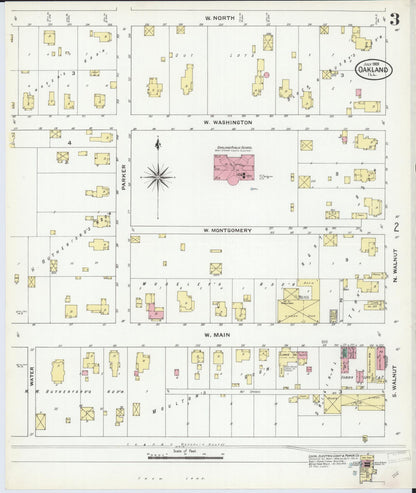Sanborn Fire Insurance Map from Oakland, Coles County, Illinois (1909), Sheet #0003 - Complete Map Set gallery image, historic Sanborn map, vintage wall art, Illinois Illinois