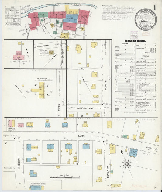 Sanborn Fire Insurance Map from Laurel, Prince Georges County, Maryland (1908), Sheet #0001 - Historic Sanborn Fire Insurance Map Print, vintage old map wall art, antique decor, genealogy gift, Maryland Maryland map