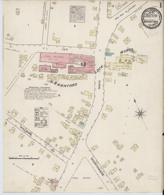 Sanborn Fire Insurance Map from Branford, New Haven County, Connecticut (1884), Sheet #0001 - Historic Sanborn Fire Insurance Map Print, vintage old map wall art, antique decor, genealogy gift, Connecticut Connecticut map