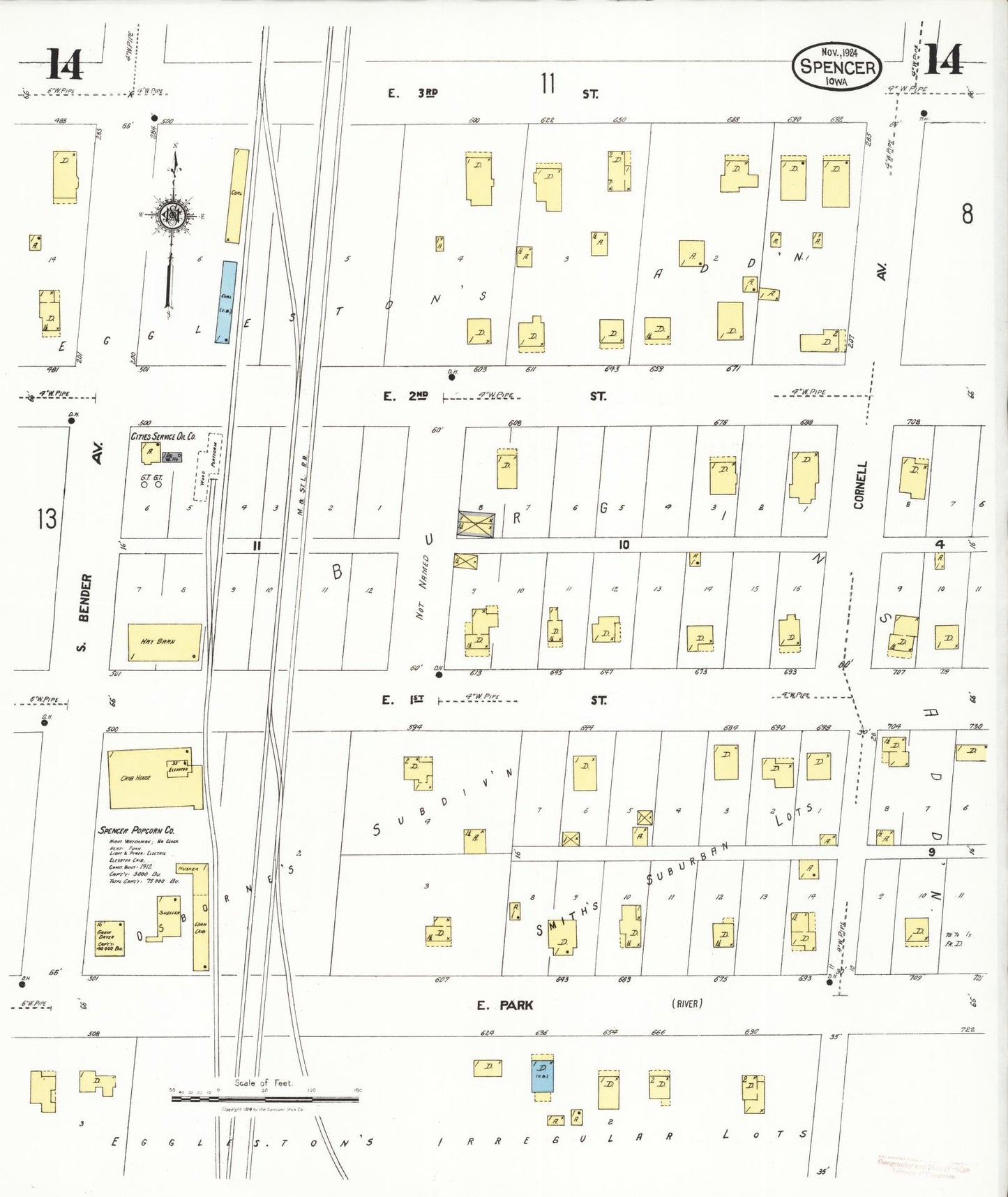 Sanborn Fire Insurance Map from Spencer, Clay County, Iowa (1924), Sheet #0014 - Historic Sanborn Fire Insurance Map Print, vintage old map wall art