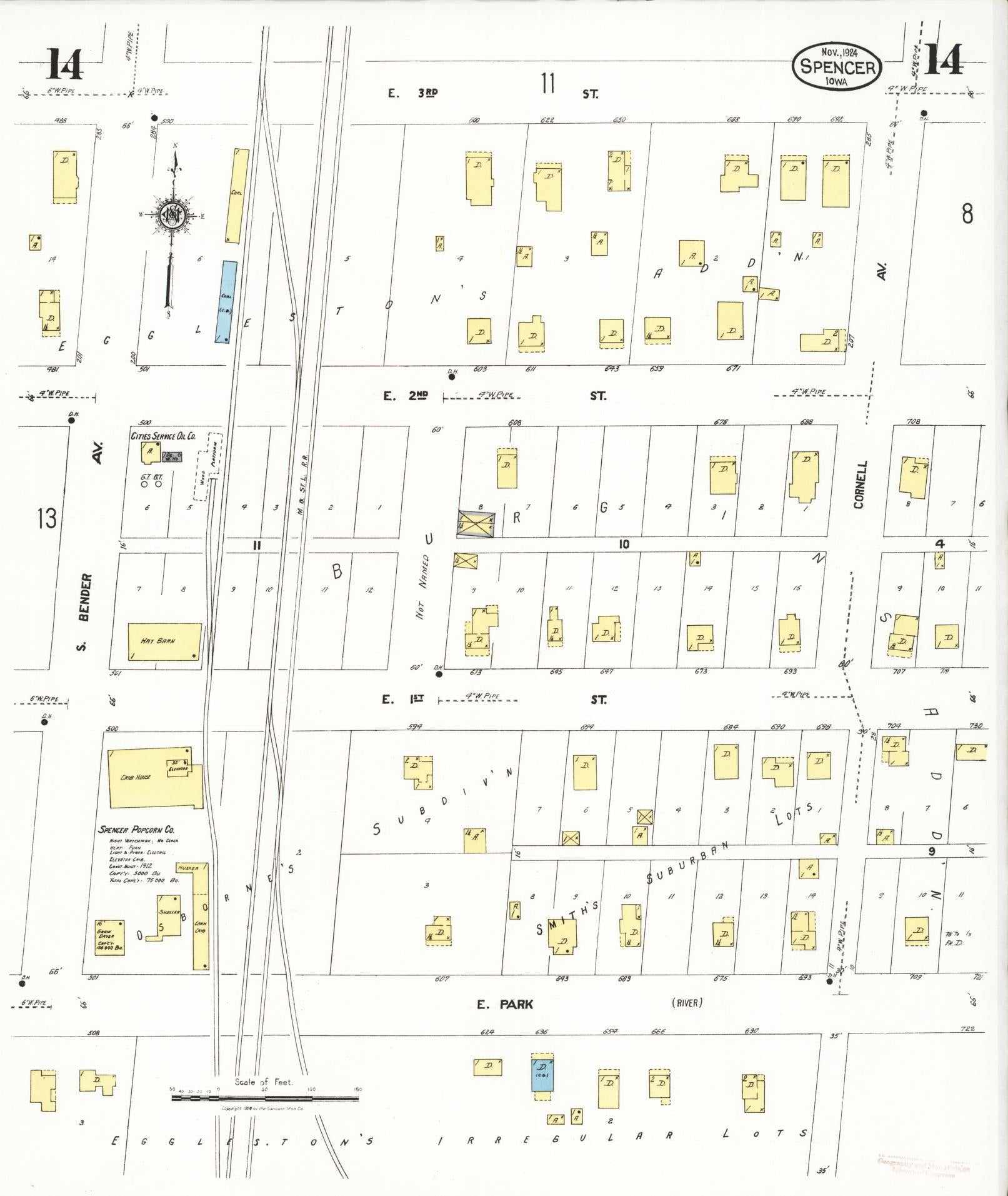 Sanborn Fire Insurance Map from Spencer, Clay County, Iowa (1924), Sheet #0014 - Historic Sanborn Fire Insurance Map Print, vintage old map wall art