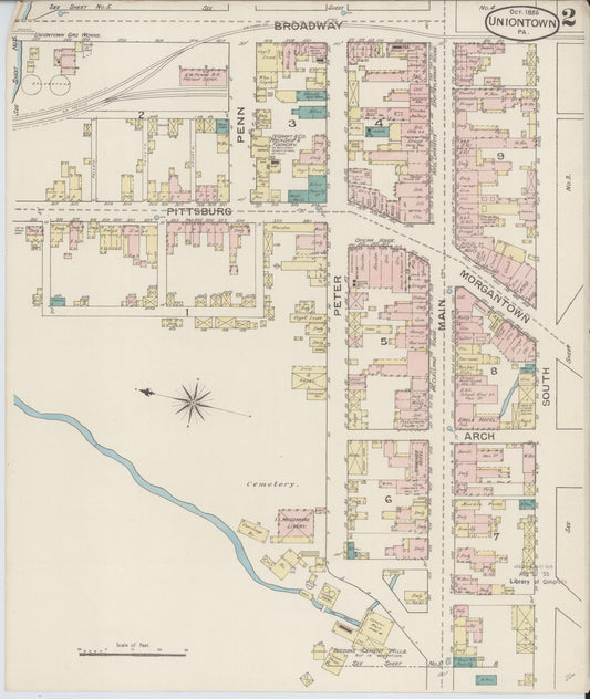 Sanborn Fire Insurance Map from Uniontown, Fayette County, Pennsylvania (1886), Sheet #0002 - Historic Sanborn Fire Insurance Map Print, vintage old map wall art, antique decor, genealogy gift, Pennsylvania Pennsylvania map