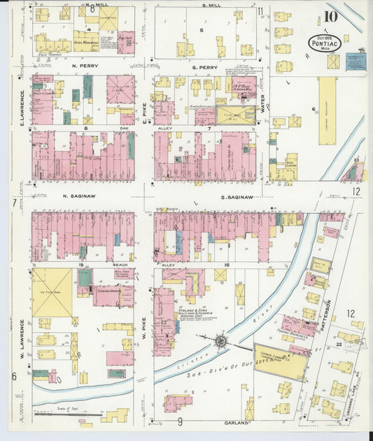 Sanborn Fire Insurance Map from Pontiac, Oakland County, Michigan (1909), Sheet #0010 - Historic Sanborn Fire Insurance Map Print, vintage old map wall art, antique decor, genealogy gift, Michigan Michigan map