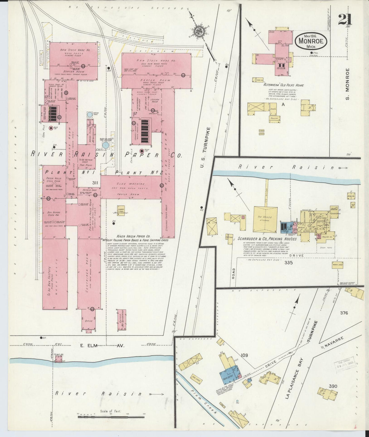 Sanborn Fire Insurance Map from Monroe, Monroe County, Michigan (1916), Sheet #0021 - Historic Sanborn Fire Insurance Map Print, vintage old map wall art, antique decor, genealogy gift, Michigan Michigan map