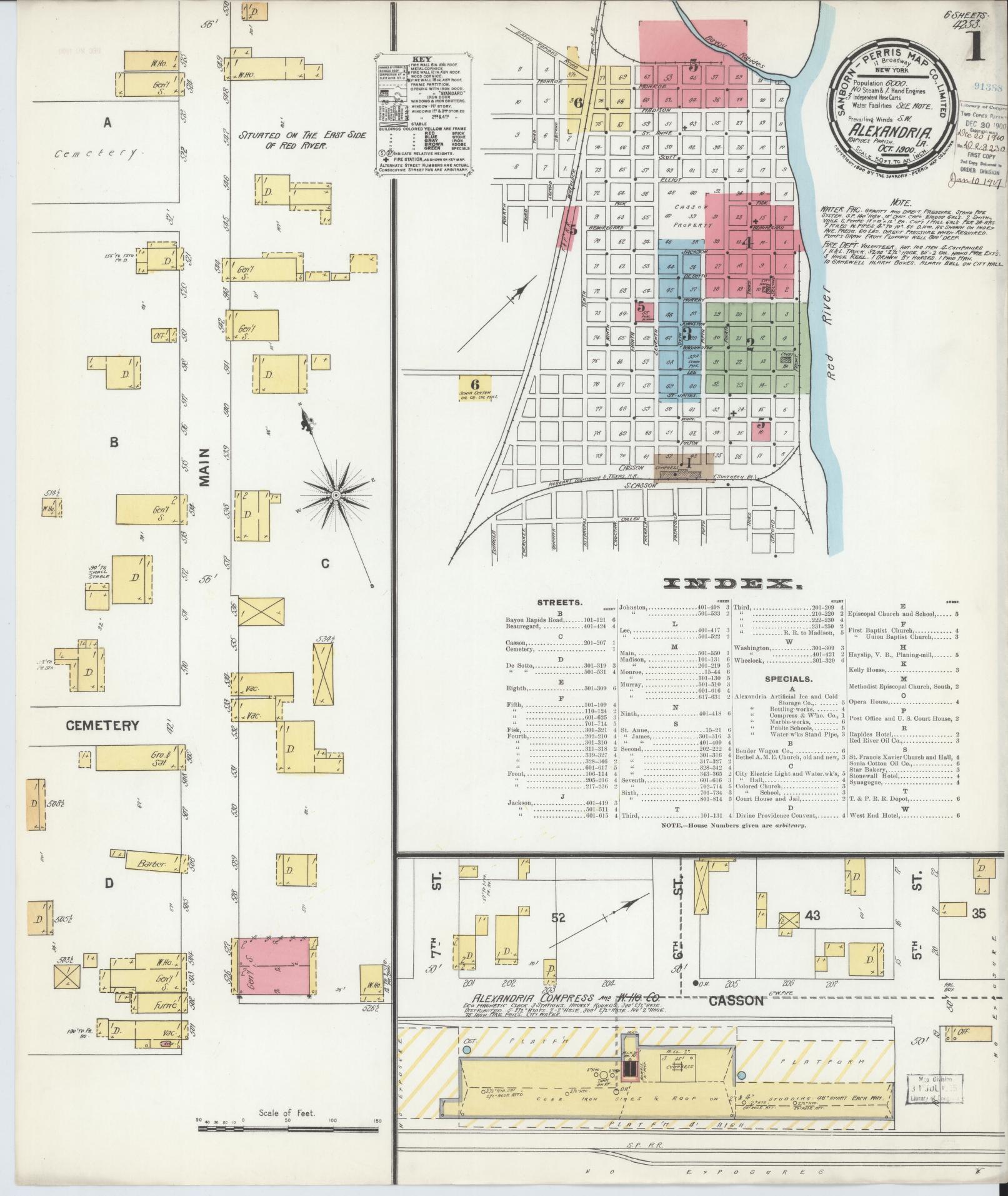 Sanborn Fire Insurance Map from Alexandria, Rapides Parish, Louisiana (1900), Sheet #0001 - Historic Sanborn Fire Insurance Map Print, vintage old map wall art, antique decor, genealogy gift, Louisiana Louisiana map