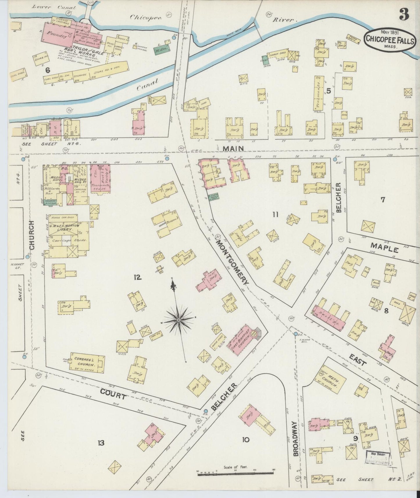 Sanborn Fire Insurance Map from Chicopee Falls, Hampden County, Massachusetts (1891), Sheet #0003 - Complete Map Set gallery image, historic Sanborn map, vintage wall art, Massachusetts Massachusetts