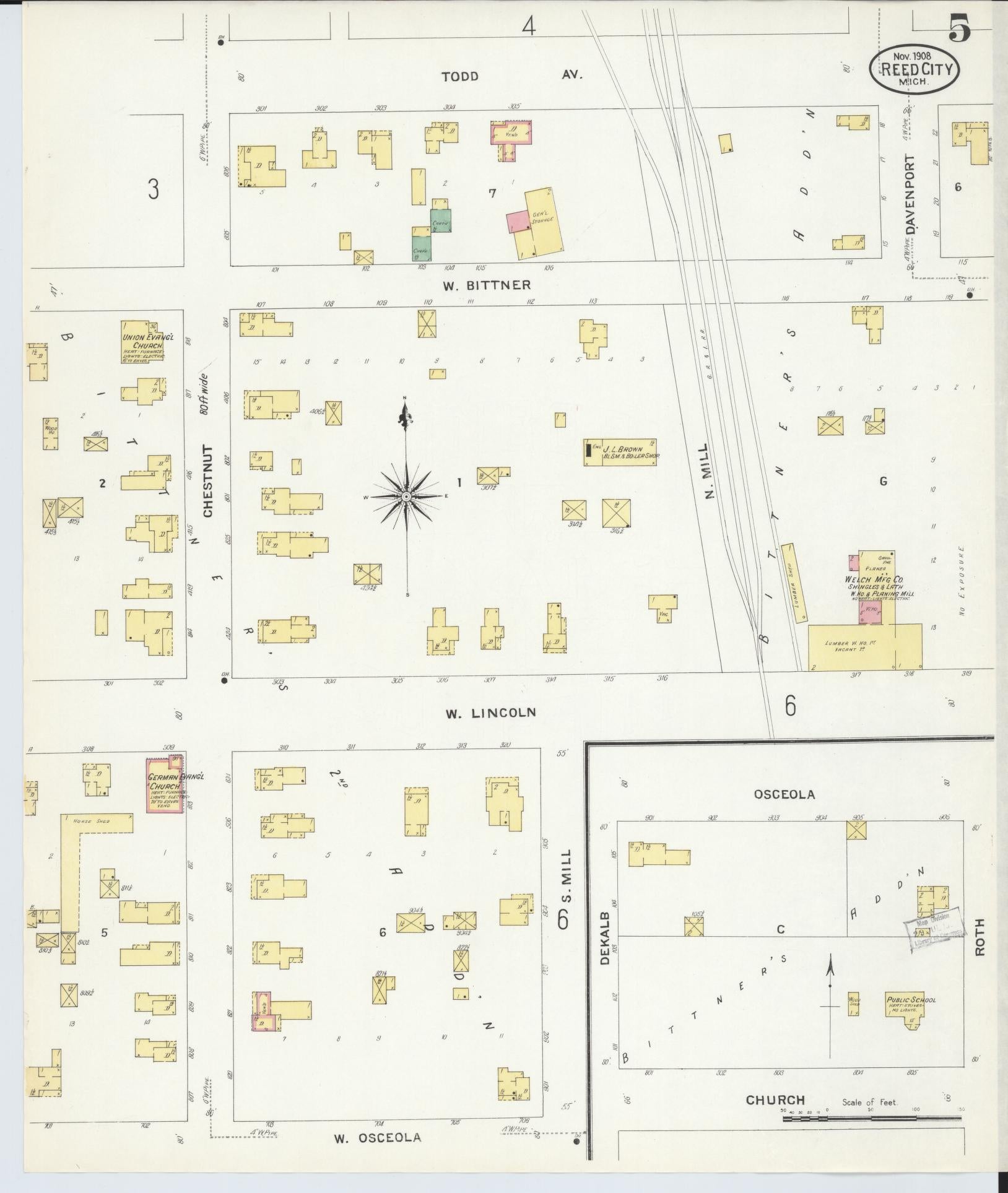 Sanborn Fire Insurance Map from Reed City, Osceola County, Michigan (1908), Sheet #0005 - Complete Map Set gallery image, historic Sanborn map, vintage wall art, Michigan Michigan