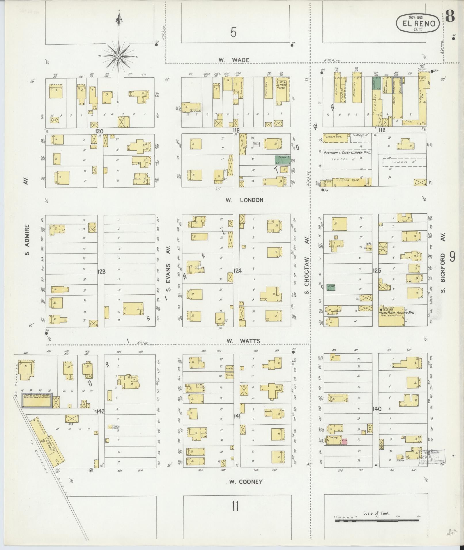 Sanborn Fire Insurance Map from El Reno, Canadian County, Oklahoma (1901), Sheet #0008 - Complete Map Set gallery image, historic Sanborn map, vintage wall art, Oklahoma Oklahoma