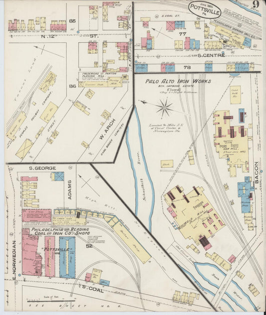Sanborn Fire Insurance Map from Pottsville, Schuylkill County, Pennsylvania (1885), Sheet #0009 - Historic Sanborn Fire Insurance Map Print, vintage old map wall art, antique decor, genealogy gift, Pennsylvania Pennsylvania map