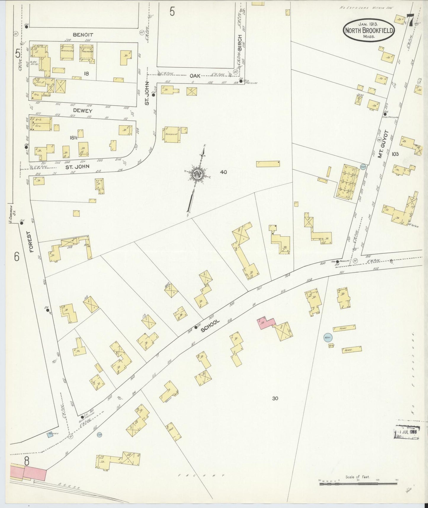 Sanborn Fire Insurance Map from North Brookfield, Worcester County, Massachusetts (1913), Sheet #0007 - Historic Sanborn Fire Insurance Map Print, vintage old map wall art, antique decor, genealogy gift, Massachusetts Massachusetts map