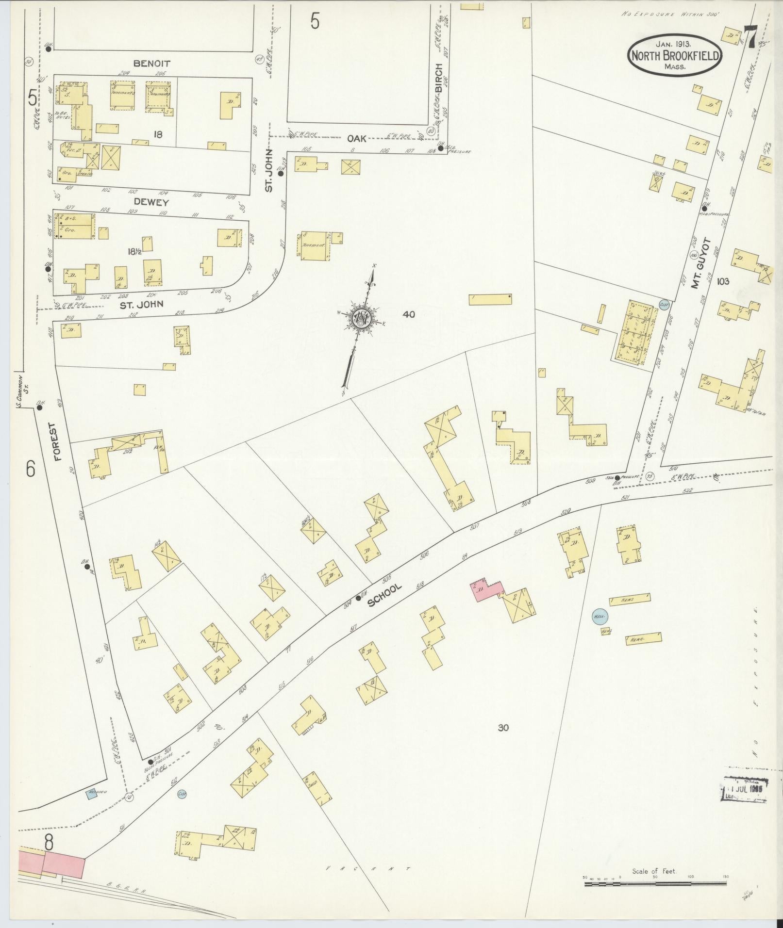 Sanborn Fire Insurance Map from North Brookfield, Worcester County, Massachusetts (1913), Sheet #0007 - Historic Sanborn Fire Insurance Map Print, vintage old map wall art, antique decor, genealogy gift, Massachusetts Massachusetts map